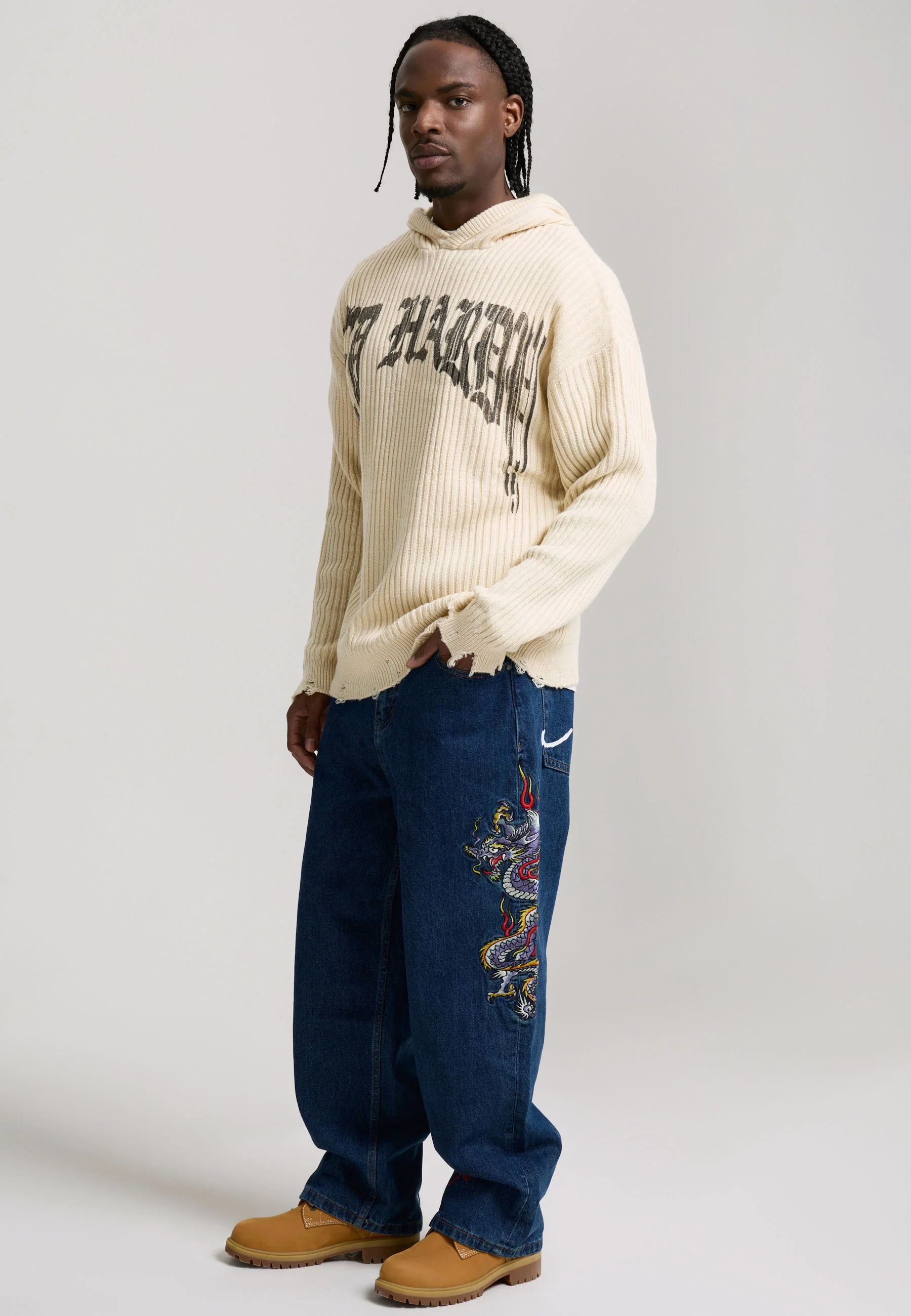 Mens Battle-Dragon Tattoo Denim Trousers Baggy Jeans - Indigo - Image 3
