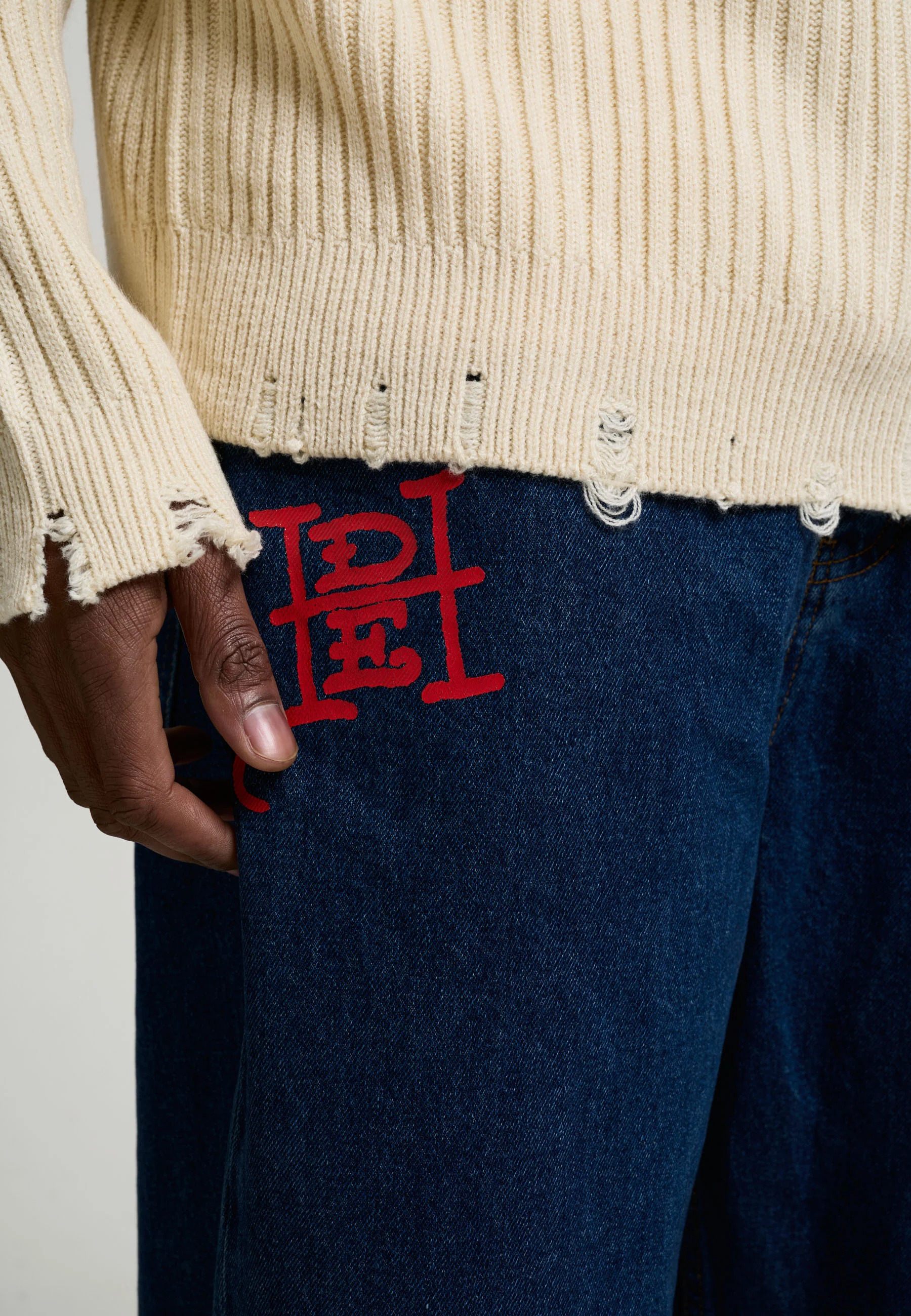 Mens Battle-Dragon Tattoo Denim Trousers Baggy Jeans - Indigo - Image 4