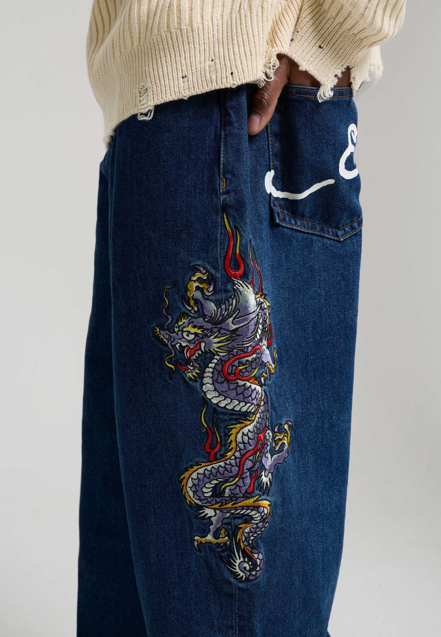 Mens Battle-Dragon Tattoo Denim Trousers Baggy Jeans - Indigo - Image 5