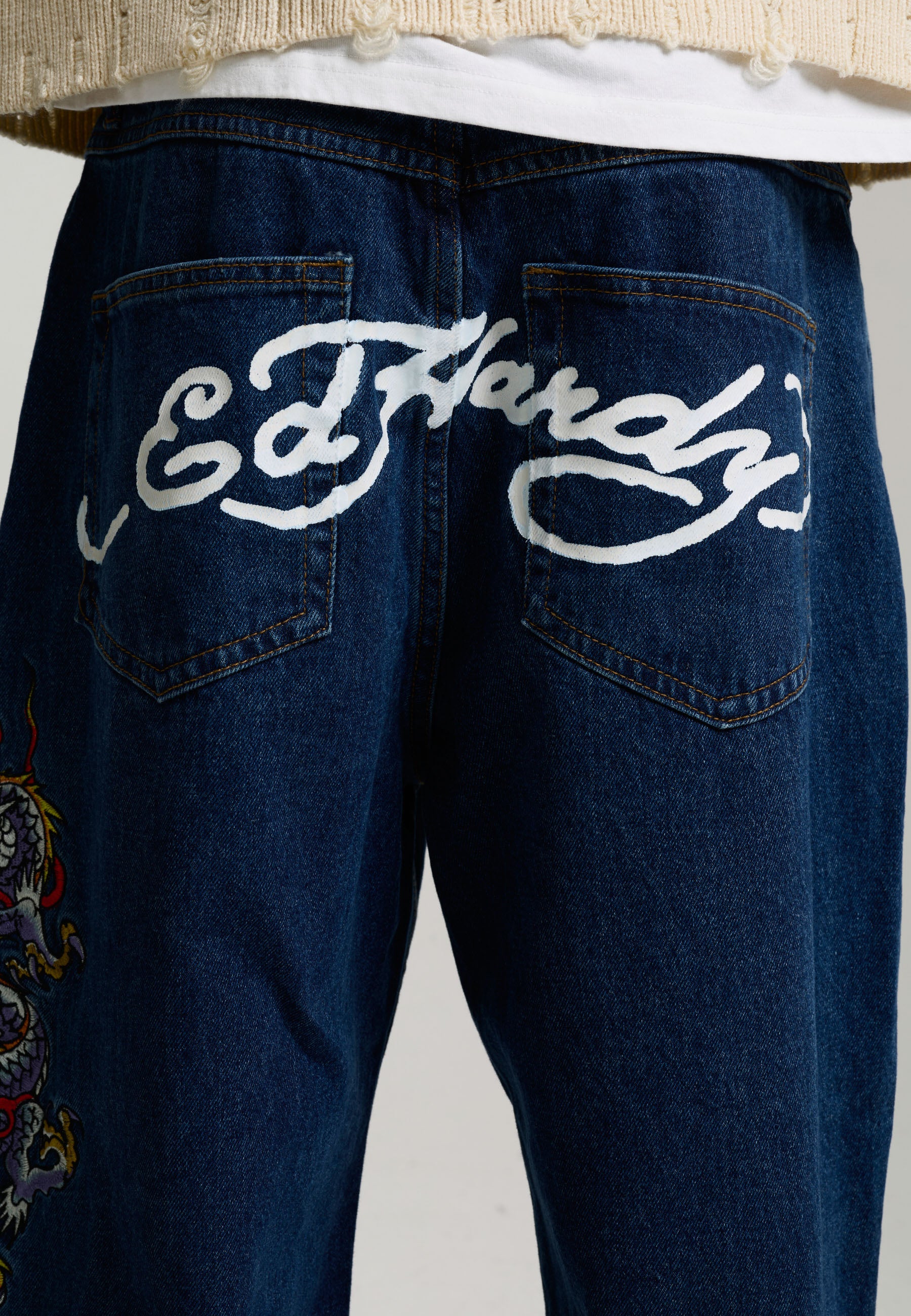 Mens Battle-Dragon Tattoo Denim Trousers Baggy Jeans - Indigo - Image 6