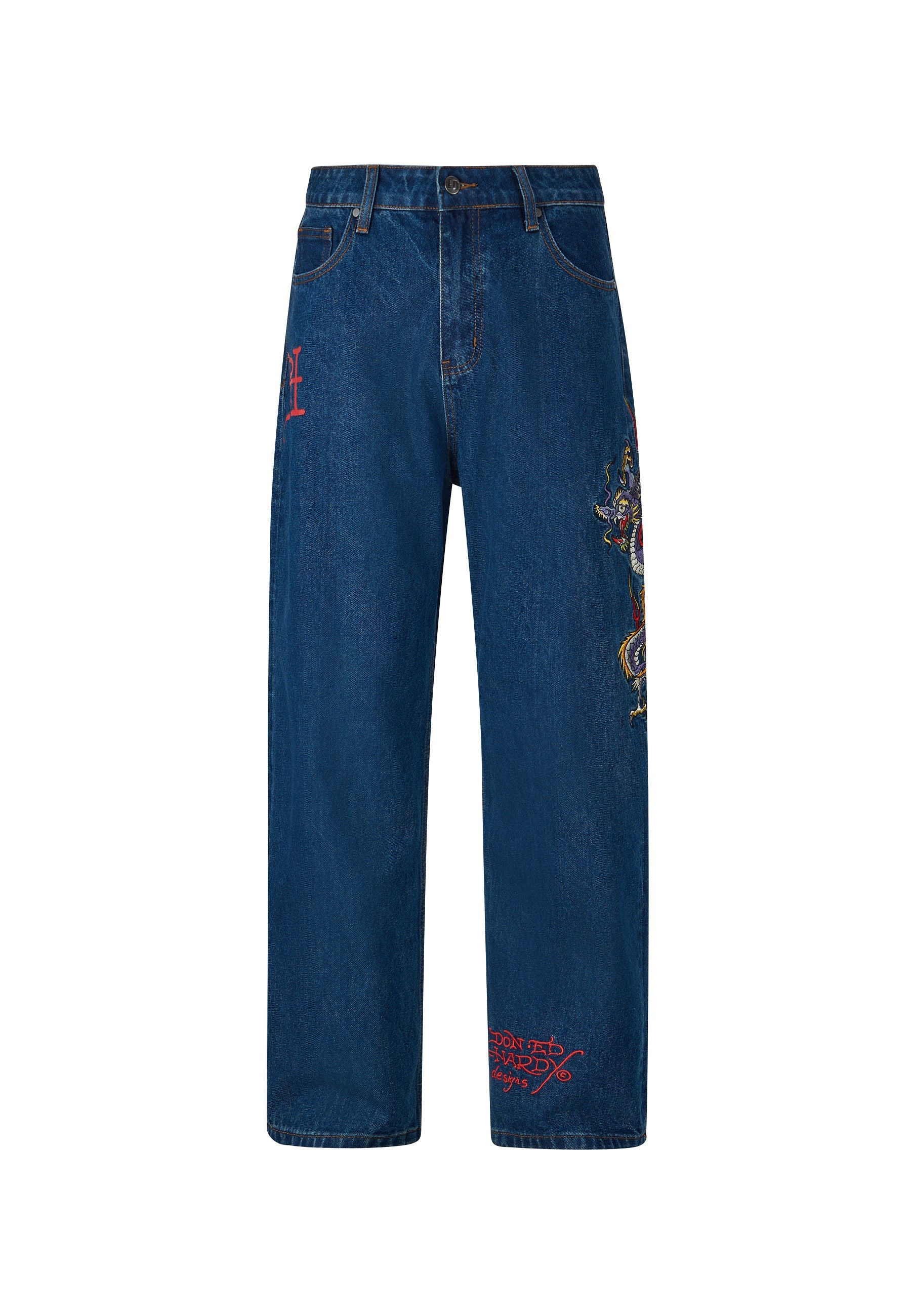 Mens Battle-Dragon Tattoo Denim Trousers Baggy Jeans - Indigo - Image 8