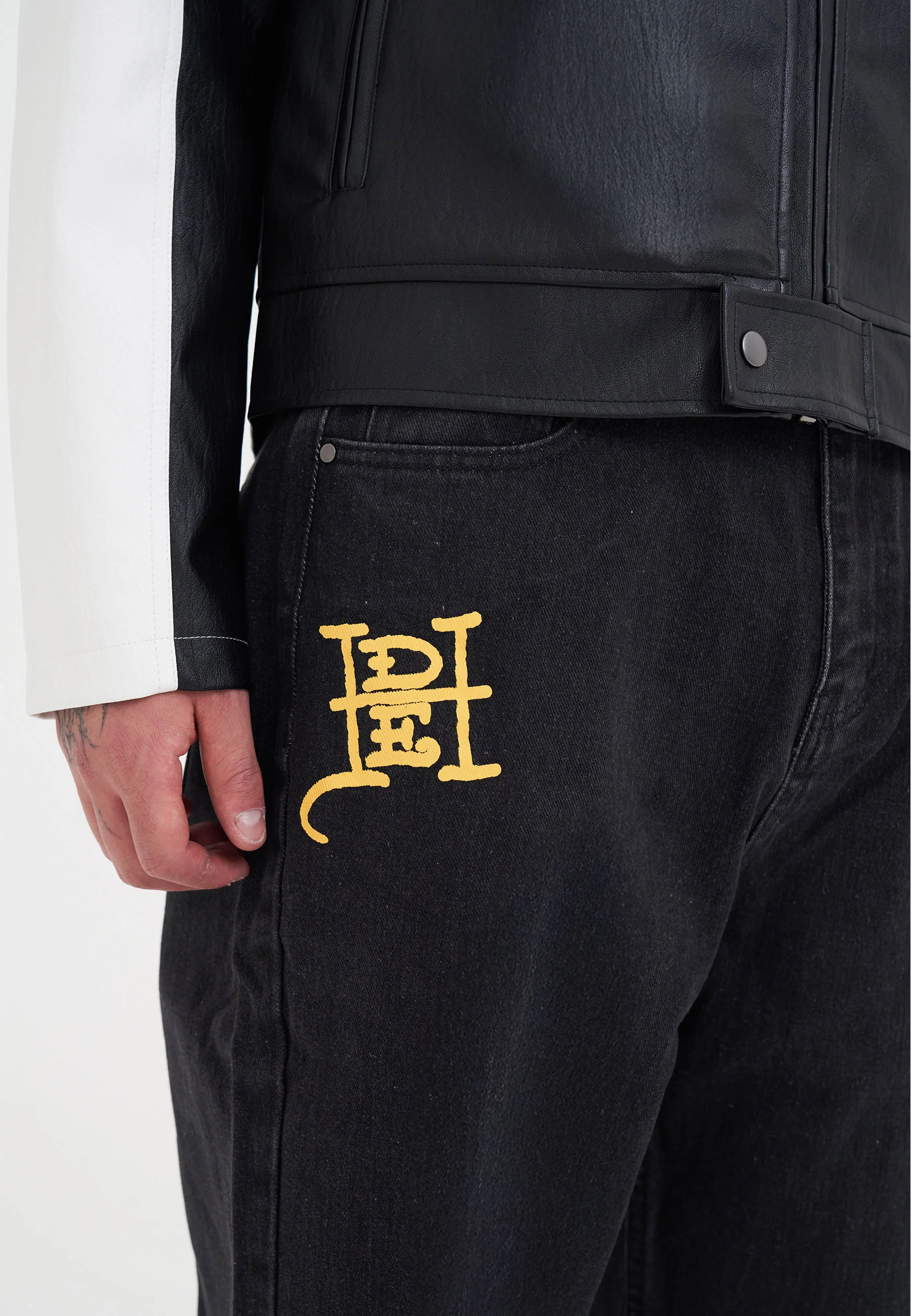 Mens Battle-Dragon Tattoo Denim Trousers Baggy Jeans - Black - Image 5