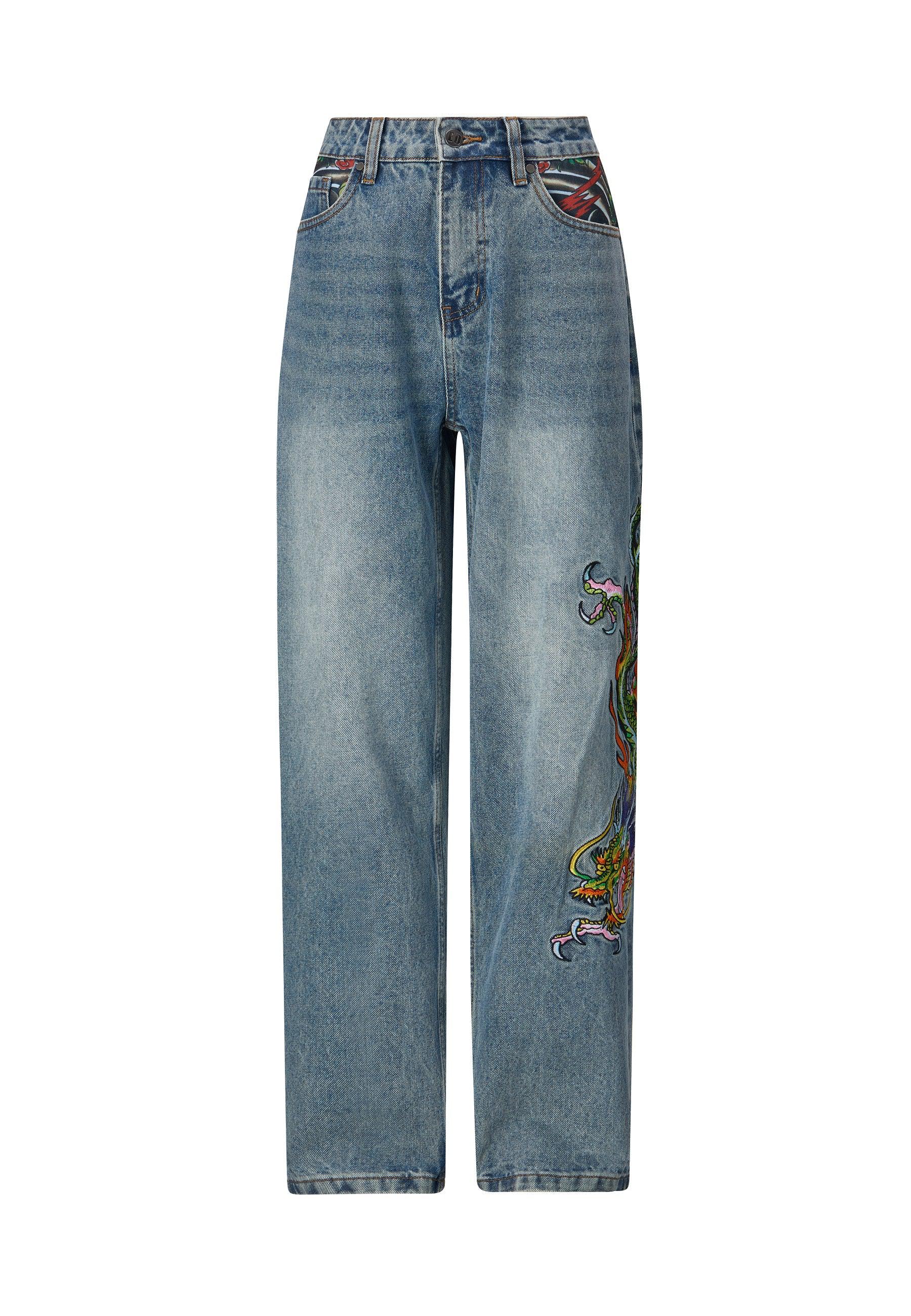 Womens Crawling Dragon Relaxed Fit Denim Trousers Jeans - Bleach - Image 5