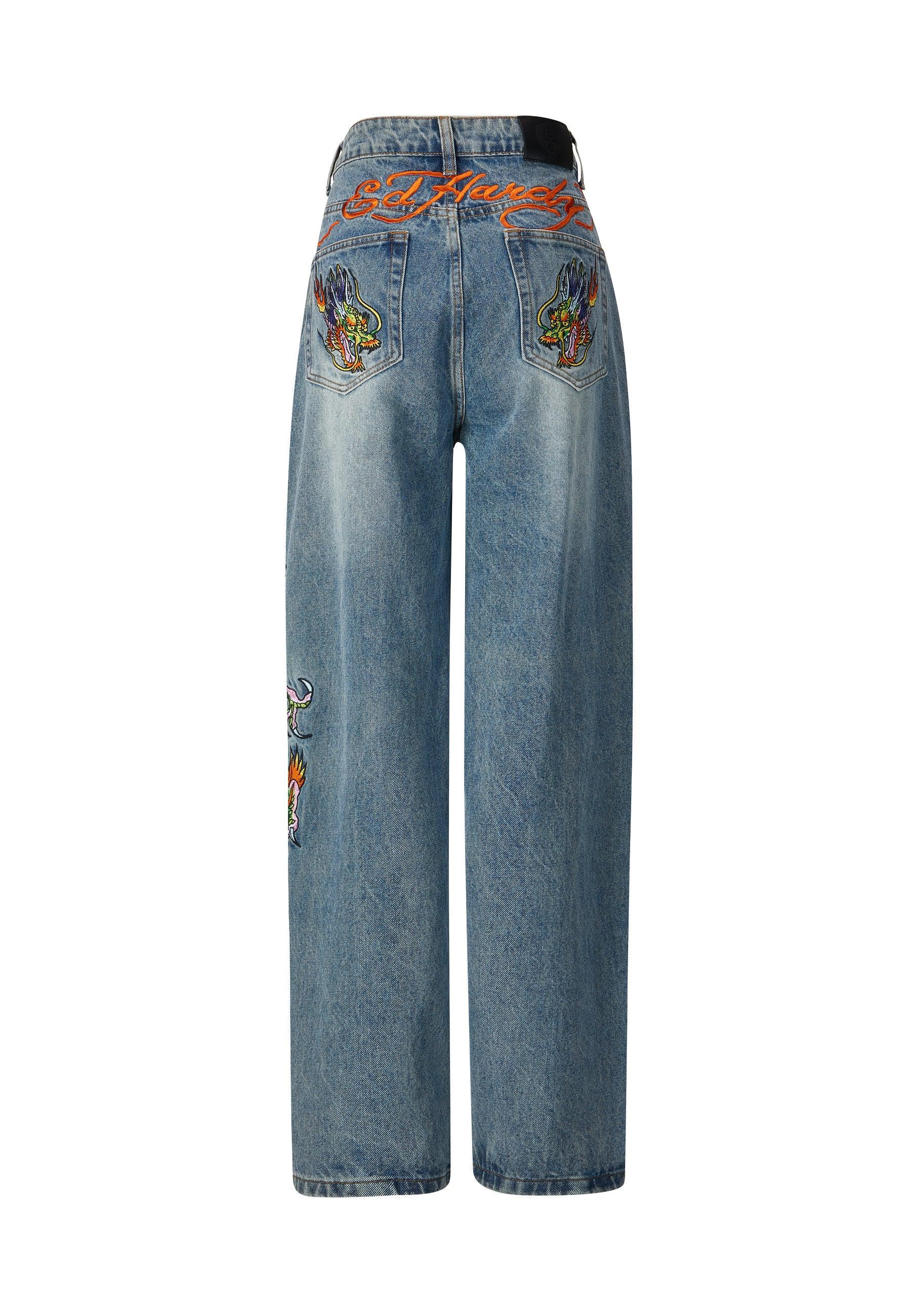 Womens Crawling Dragon Relaxed Fit Denim Trousers Jeans - Bleach - Image 6