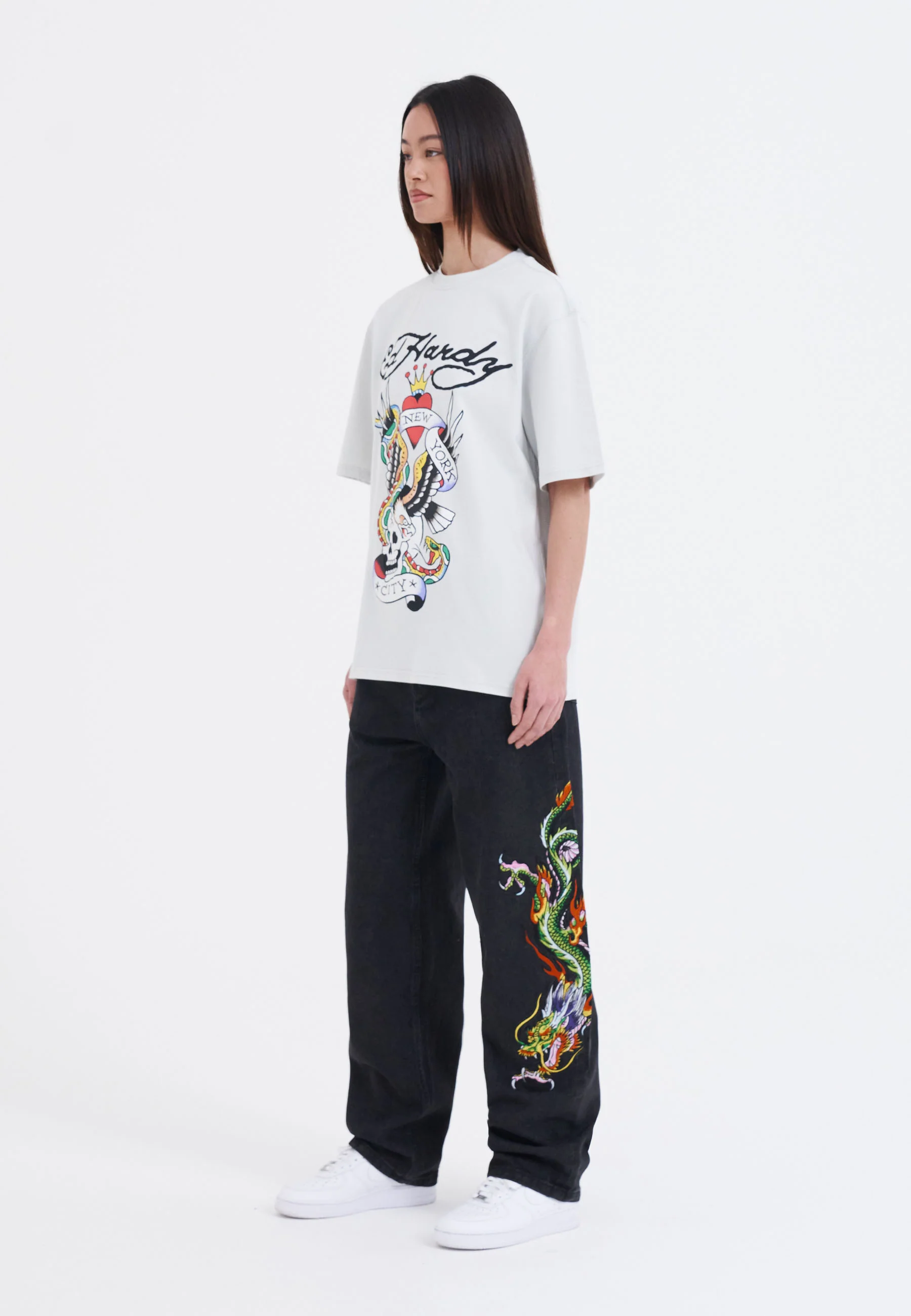 Womens Crawling Dragon Relaxed Fit Denim Trousers Jeans - Black - Image 3