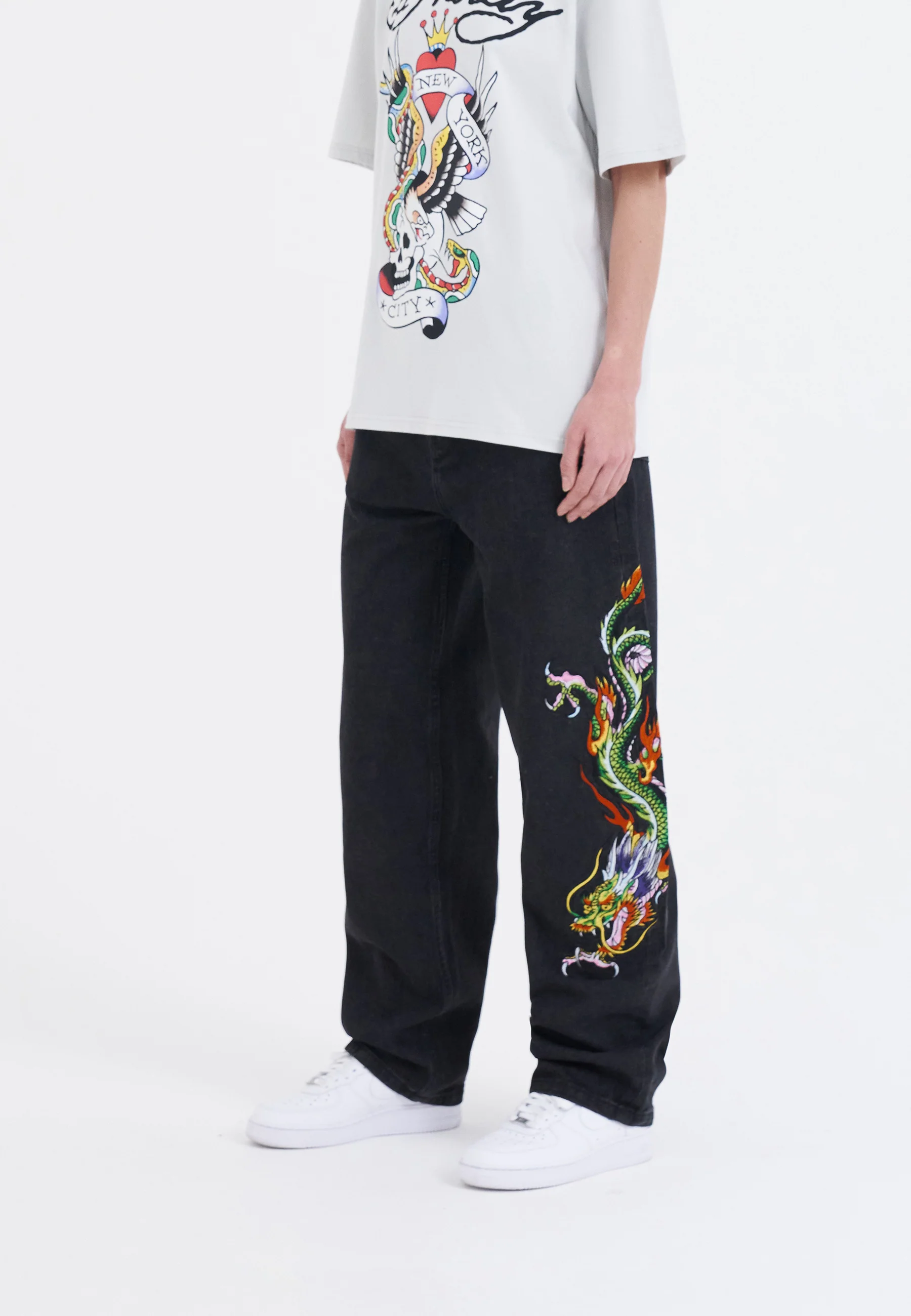 Womens Crawling Dragon Relaxed Fit Denim Trousers Jeans - Black - Image 5