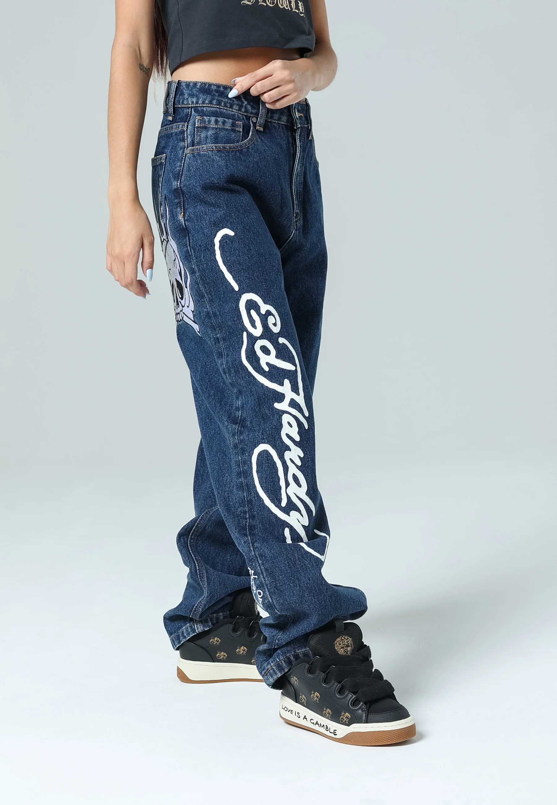Womens Flaming Skull Relaxed Fit Denim Trousers Jeans - Indigo - Image 5