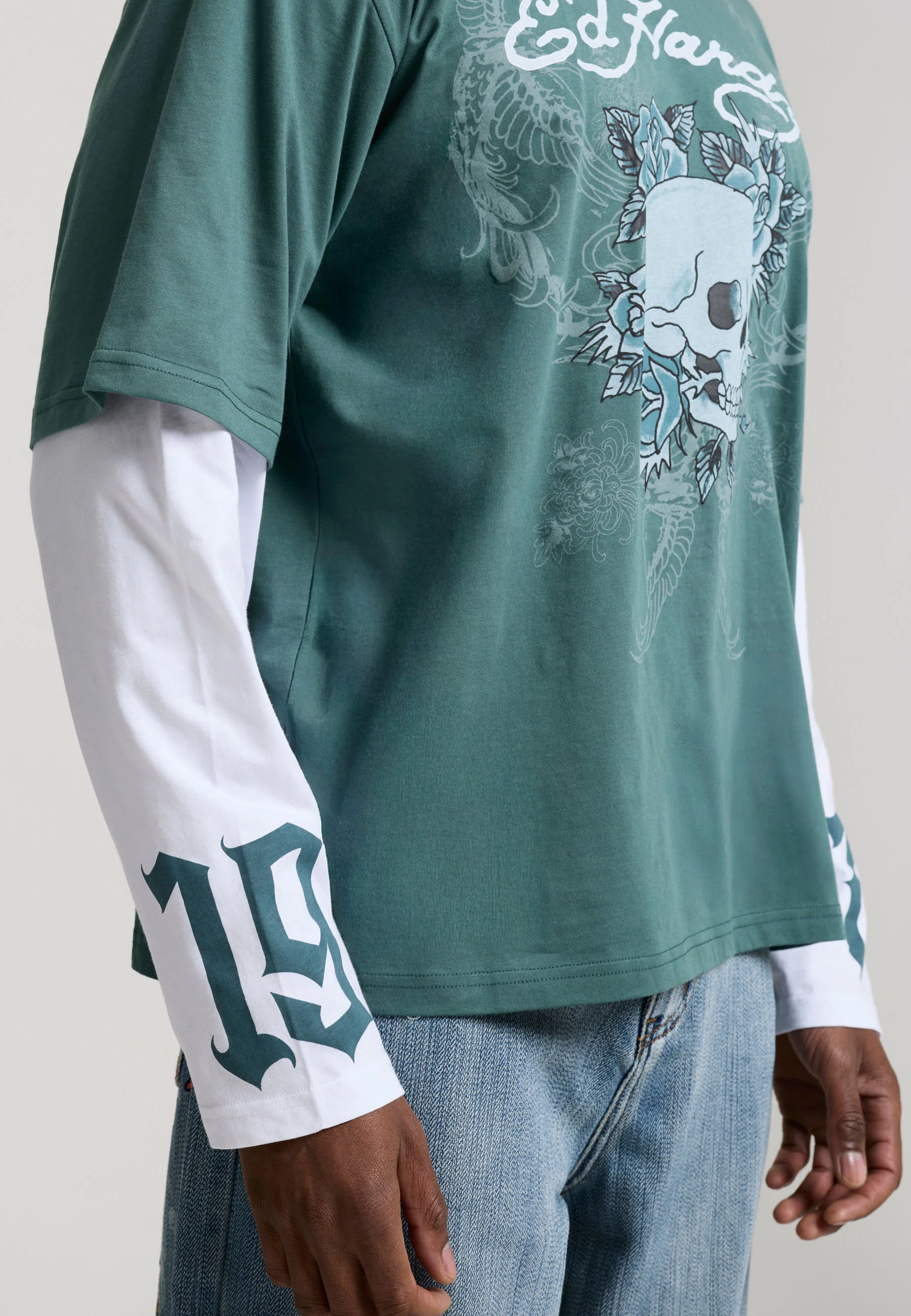 Mens 1971 Skull Double Layer Relaxed T-Shirt - Green - Image 5