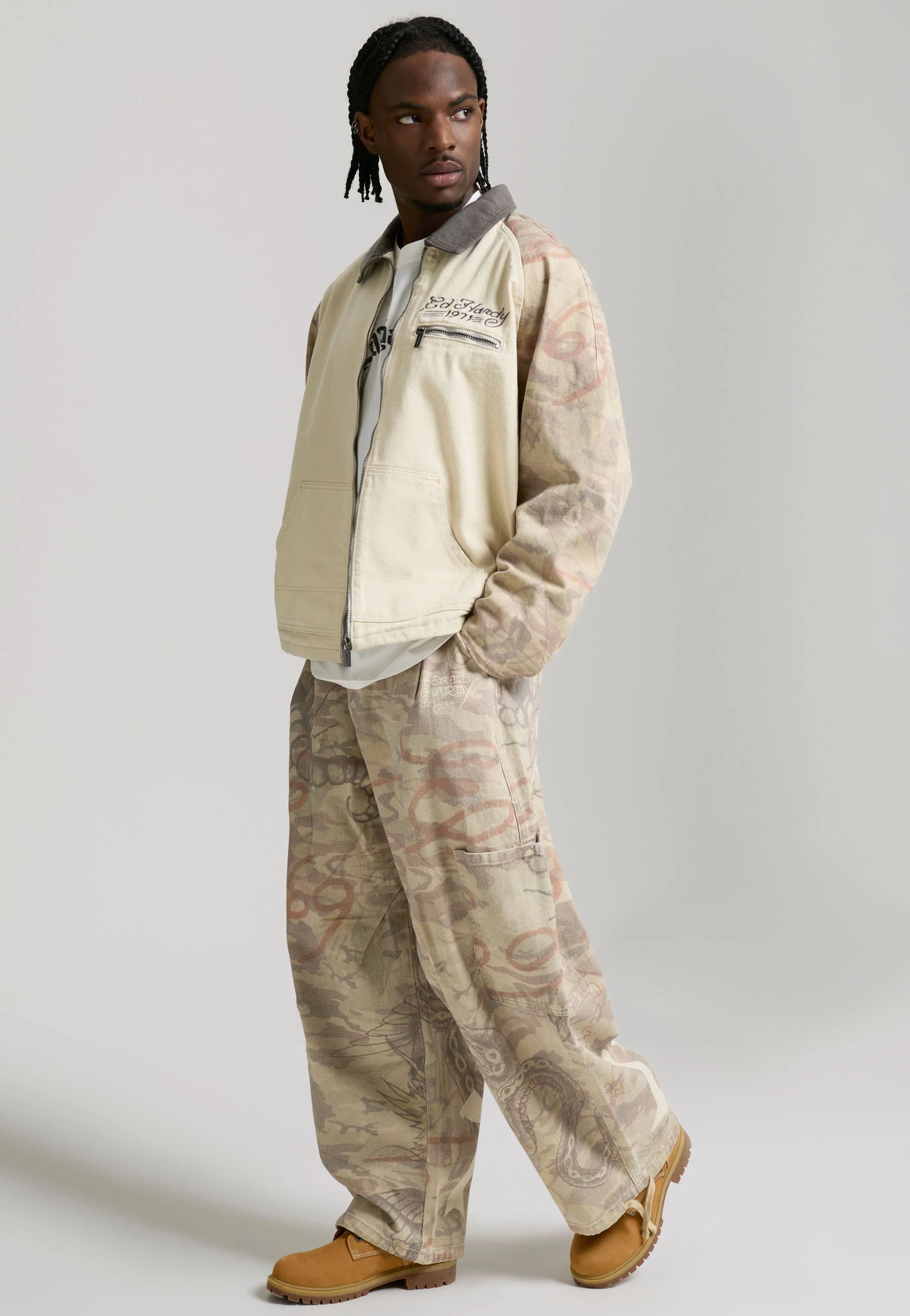 Mens Camo Snake Relaxed Utility Jacket - Ecru - Image 3