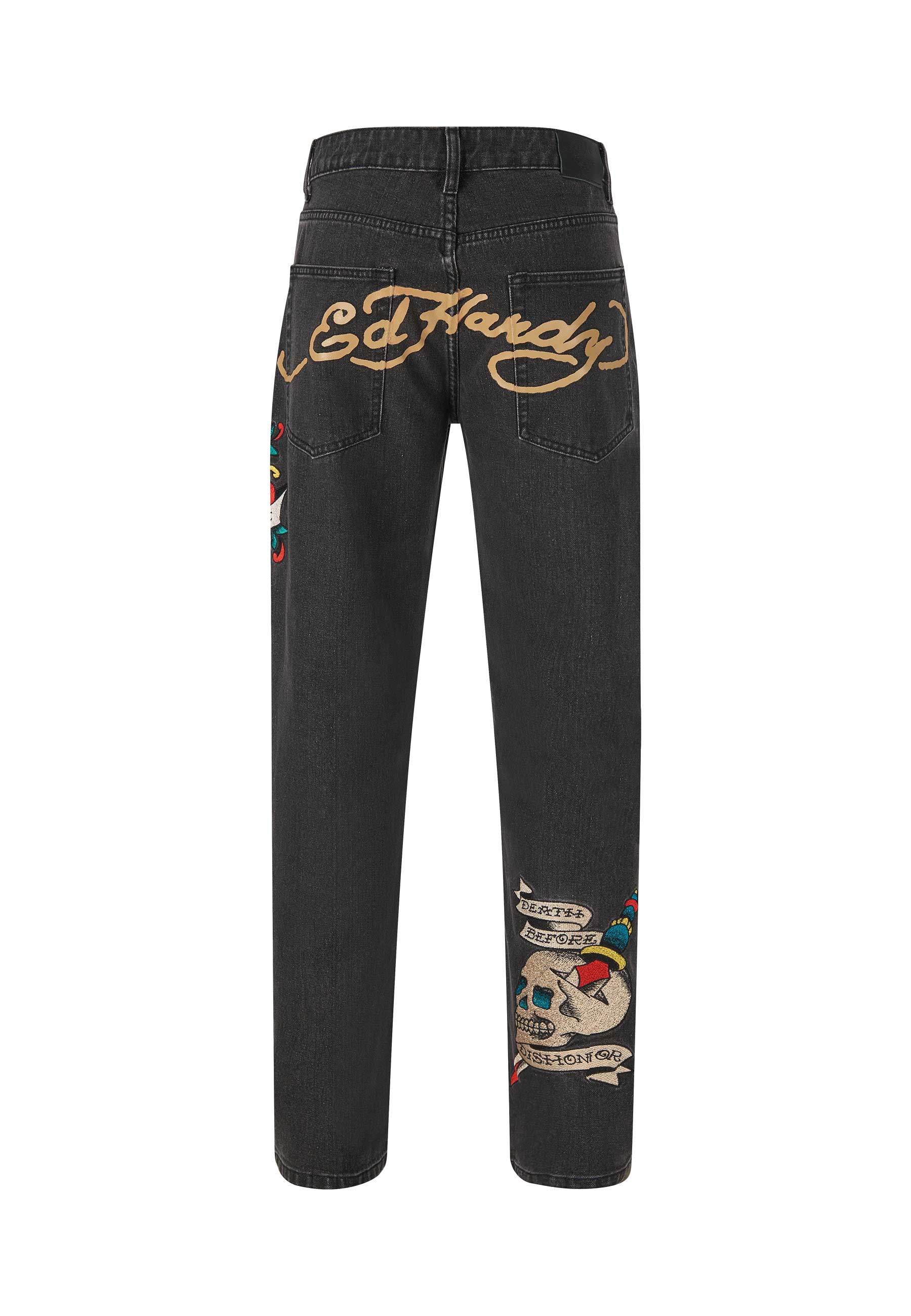 Mens Death Before Tattoo Graphic Denim Trousers Jeans - Black - Image 7