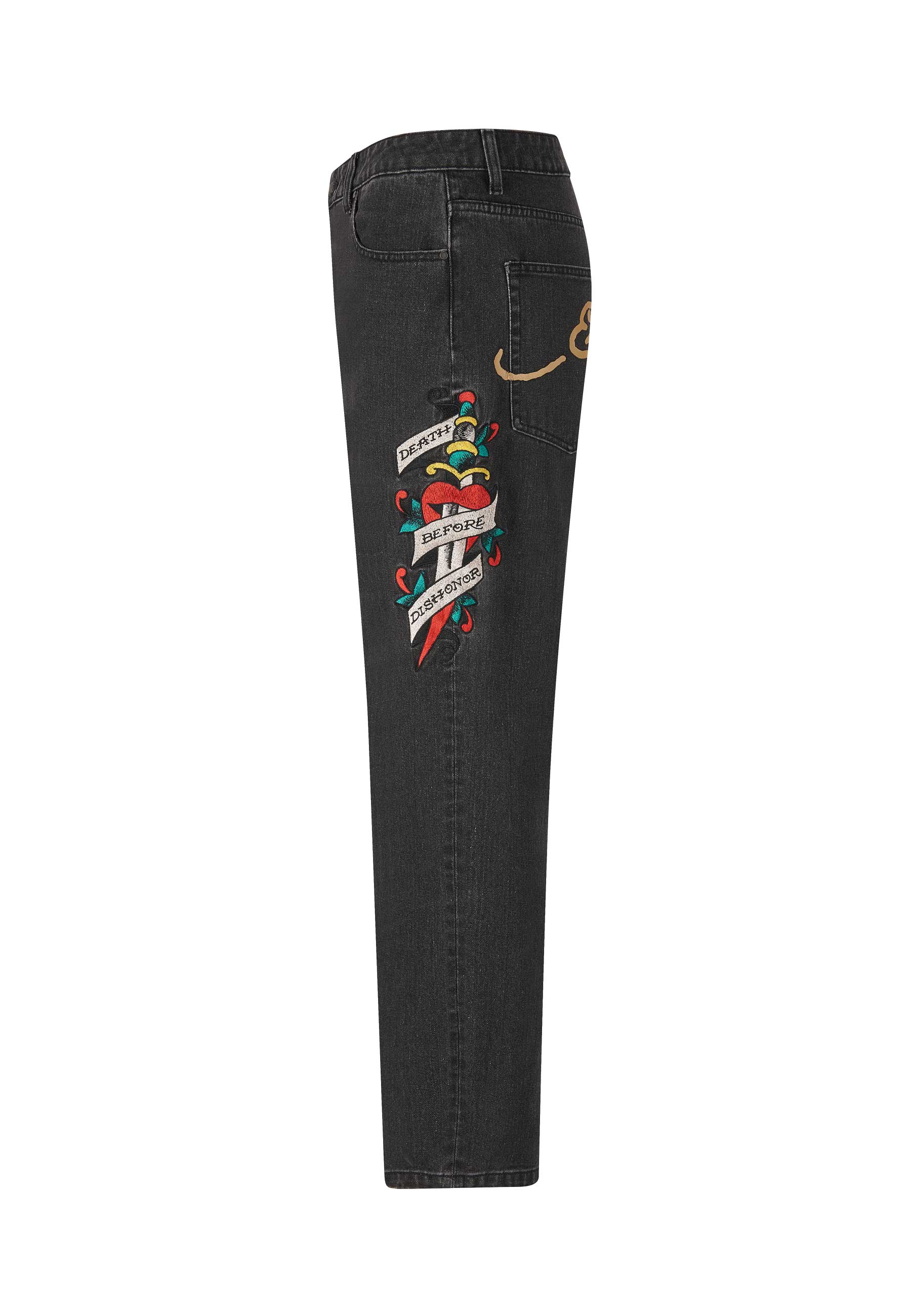 Mens Death Before Tattoo Graphic Denim Trousers Jeans - Black - Image 8