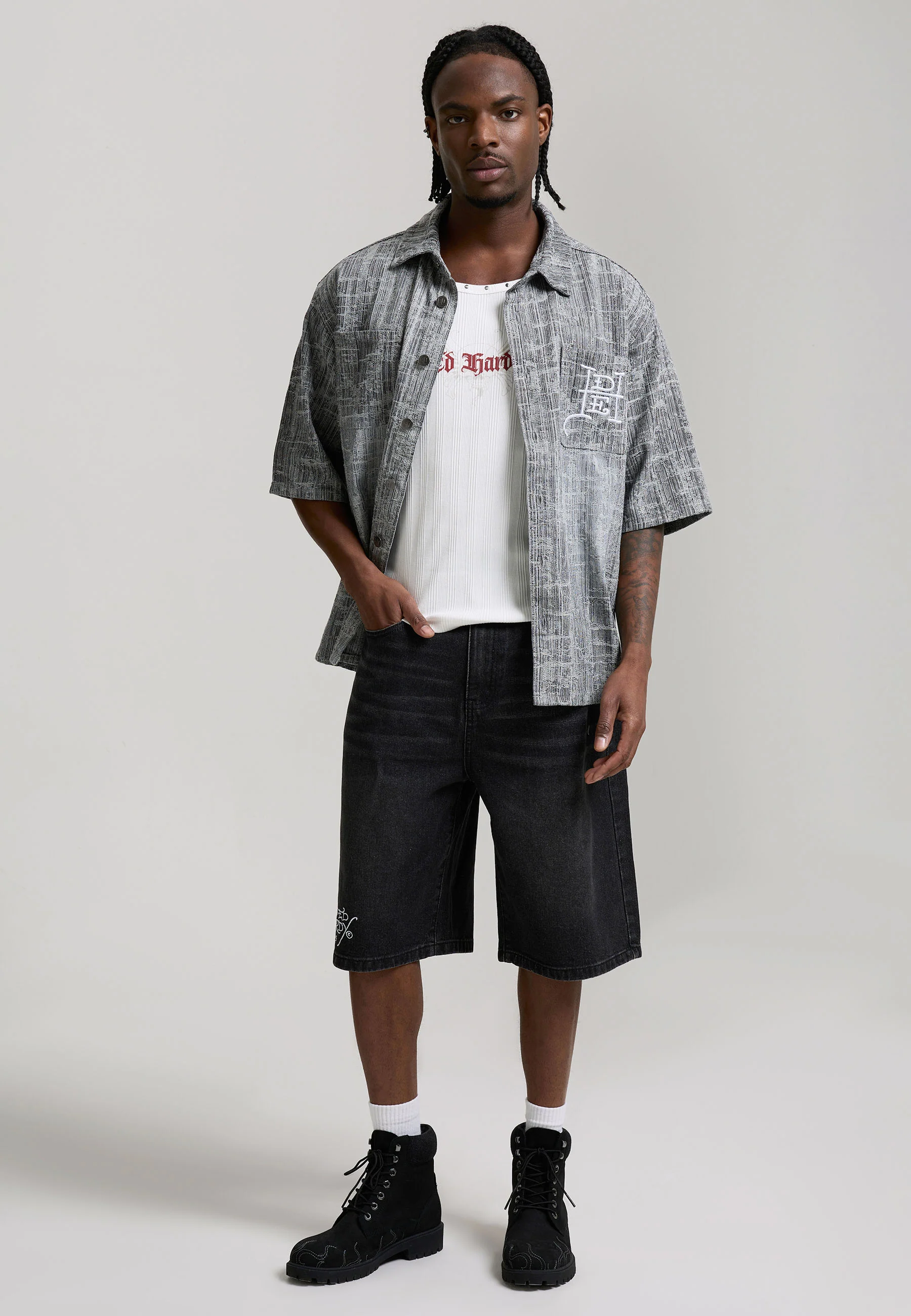 Mens Distressed Cross Relaxed Denim Shirt - Black - Image 3