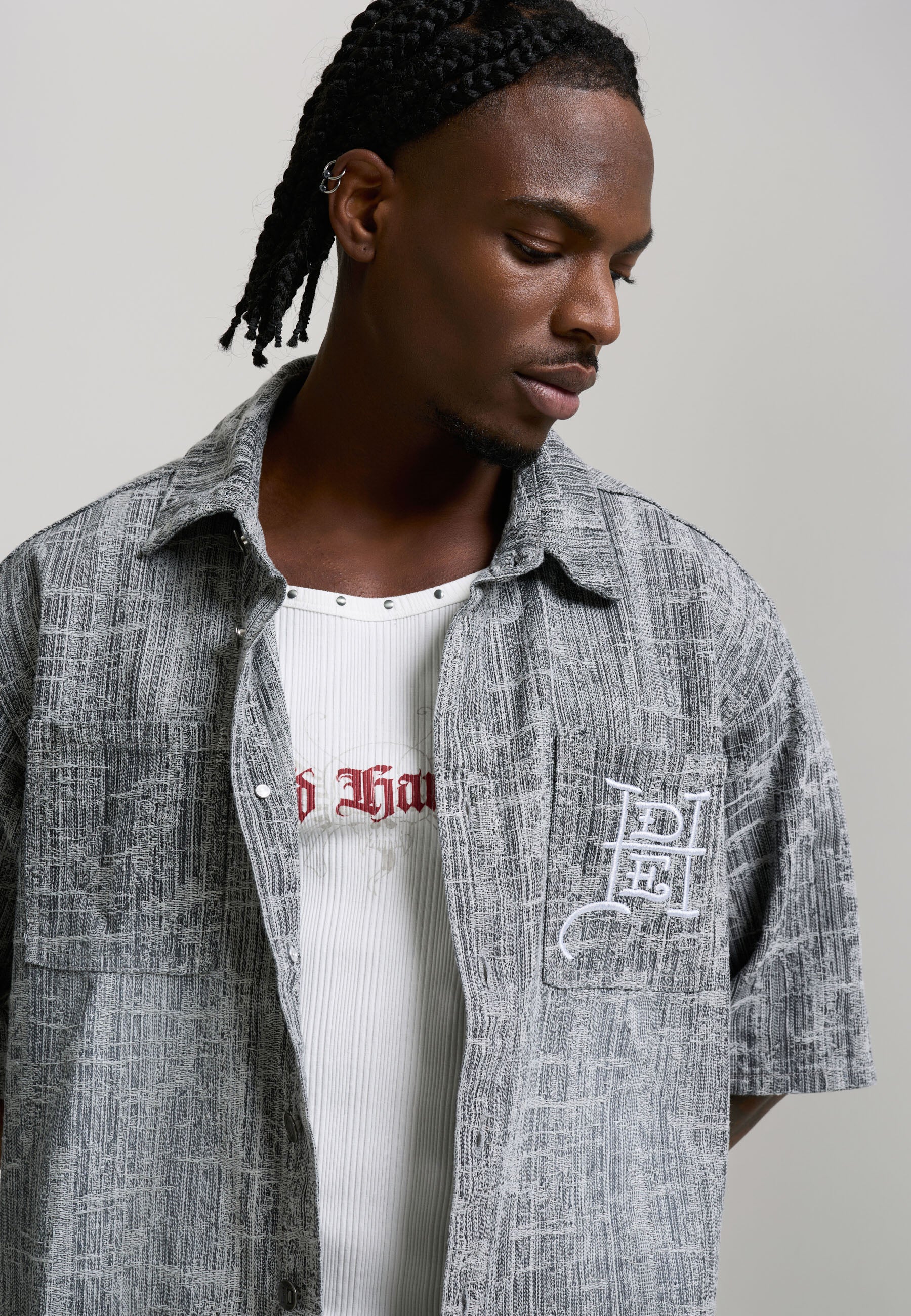 Mens Distressed Cross Relaxed Denim Shirt - Black - Image 4