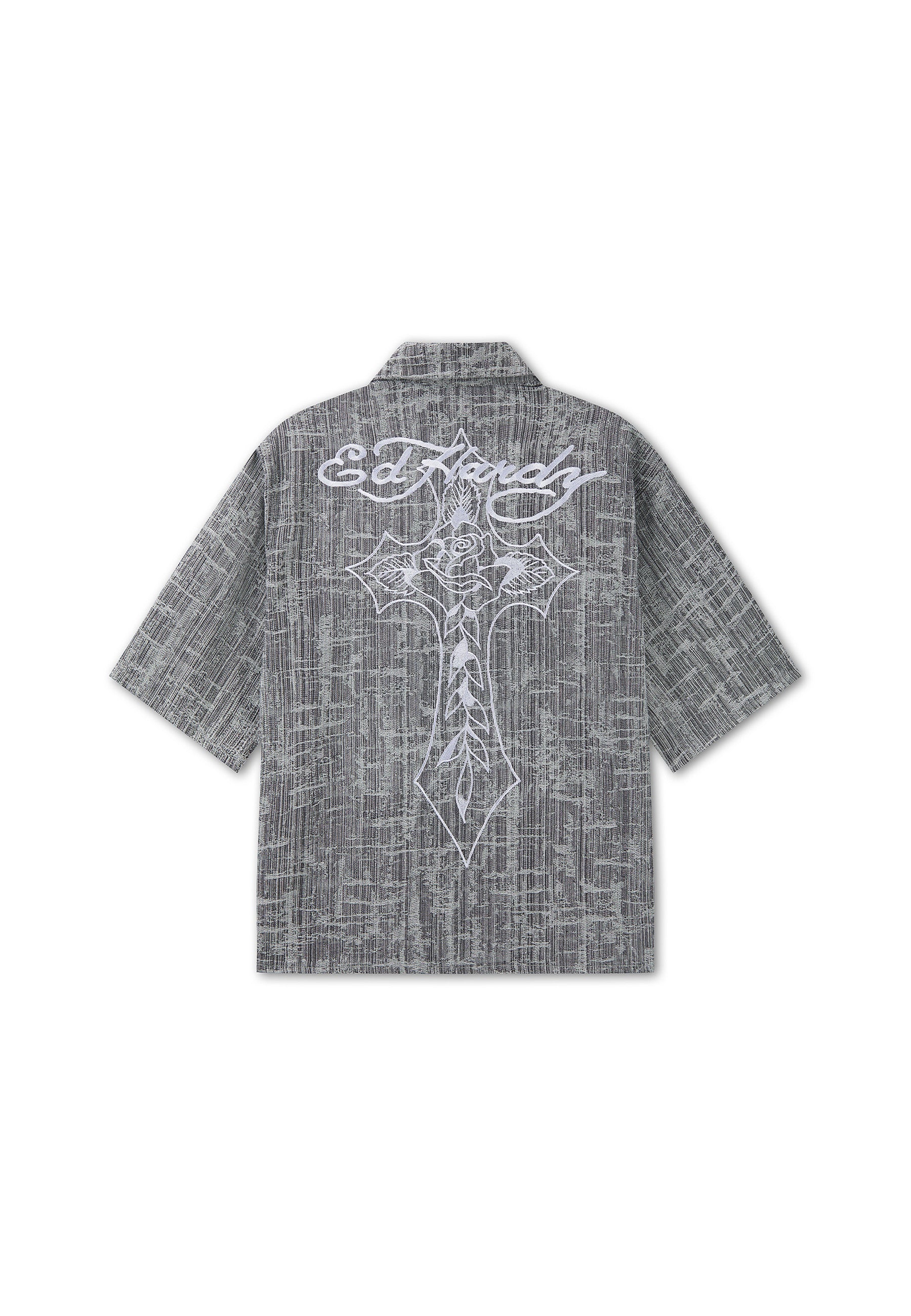 Mens Distressed Cross Relaxed Denim Shirt - Black - Image 8