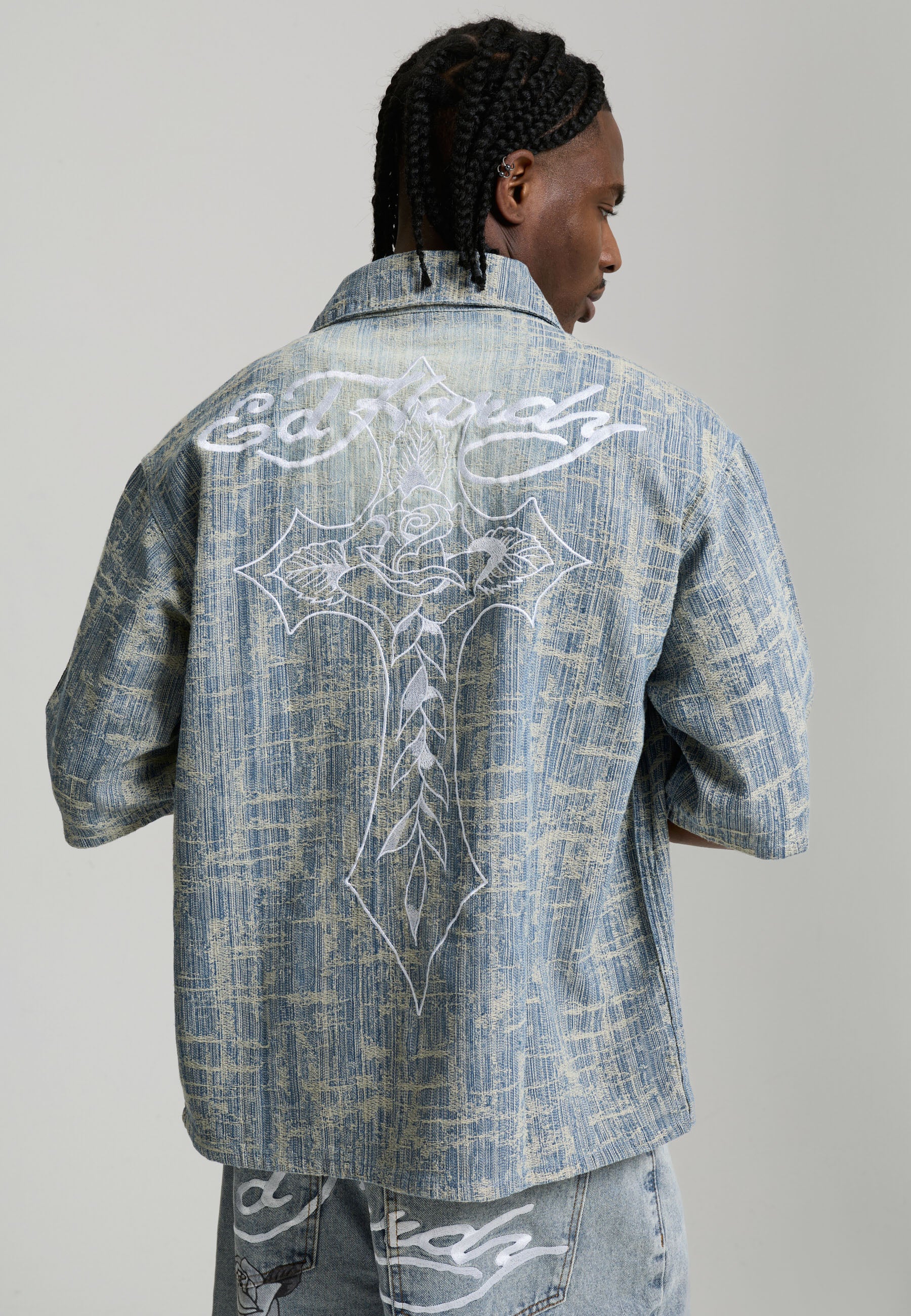 Mens Distressed Cross Relaxed Denim Shirt - Blue - Image 3