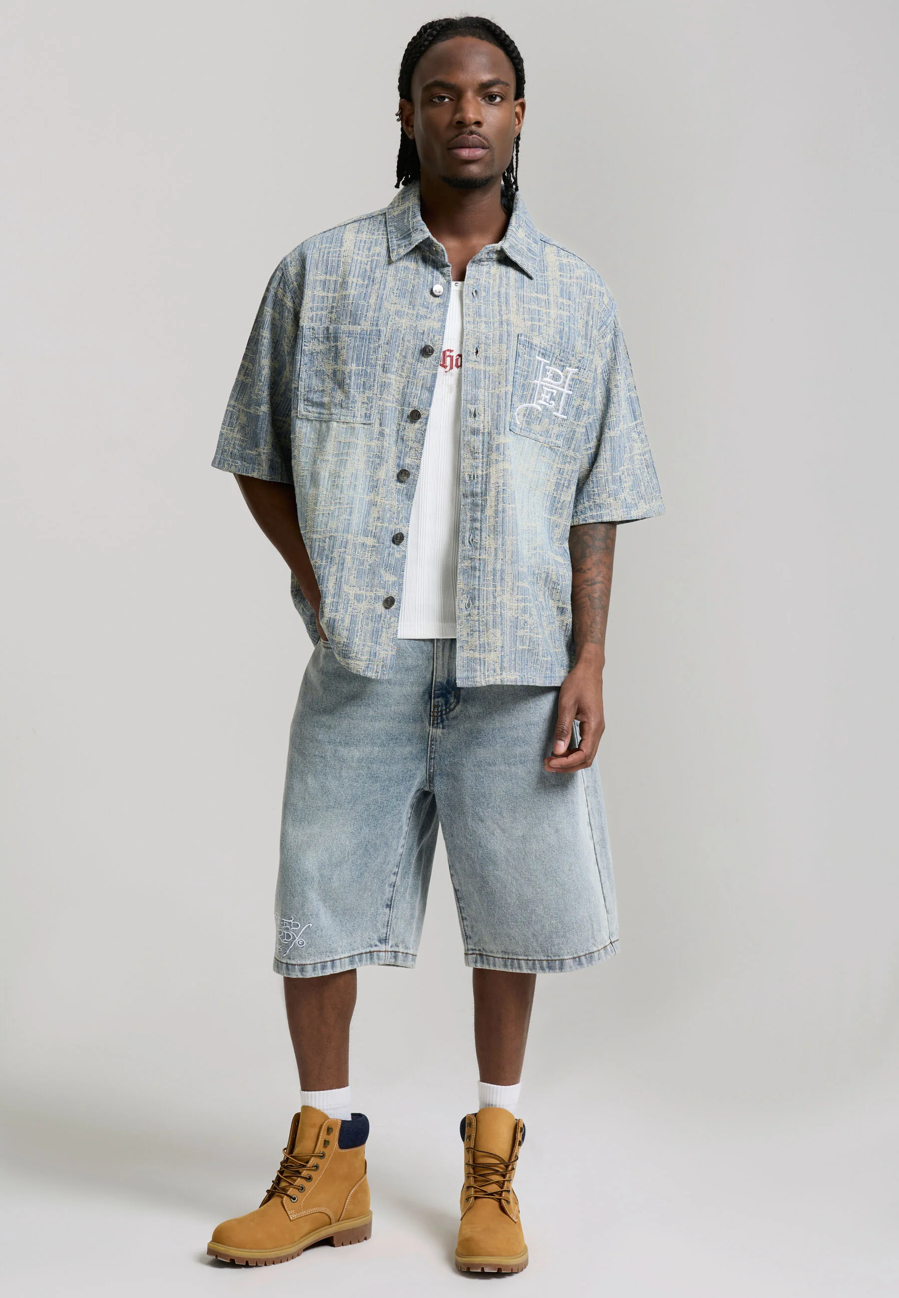 Mens Distressed Cross Relaxed Denim Shirt - Blue - Image 4