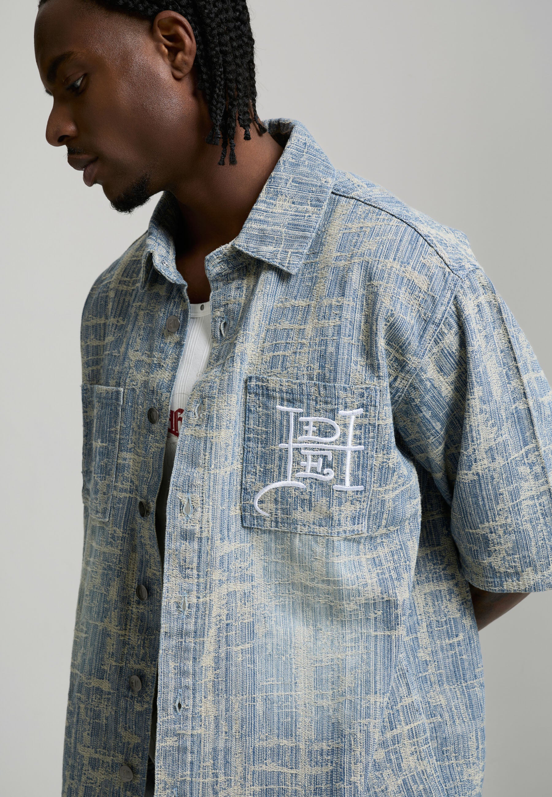 Mens Distressed Cross Relaxed Denim Shirt - Blue - Image 5