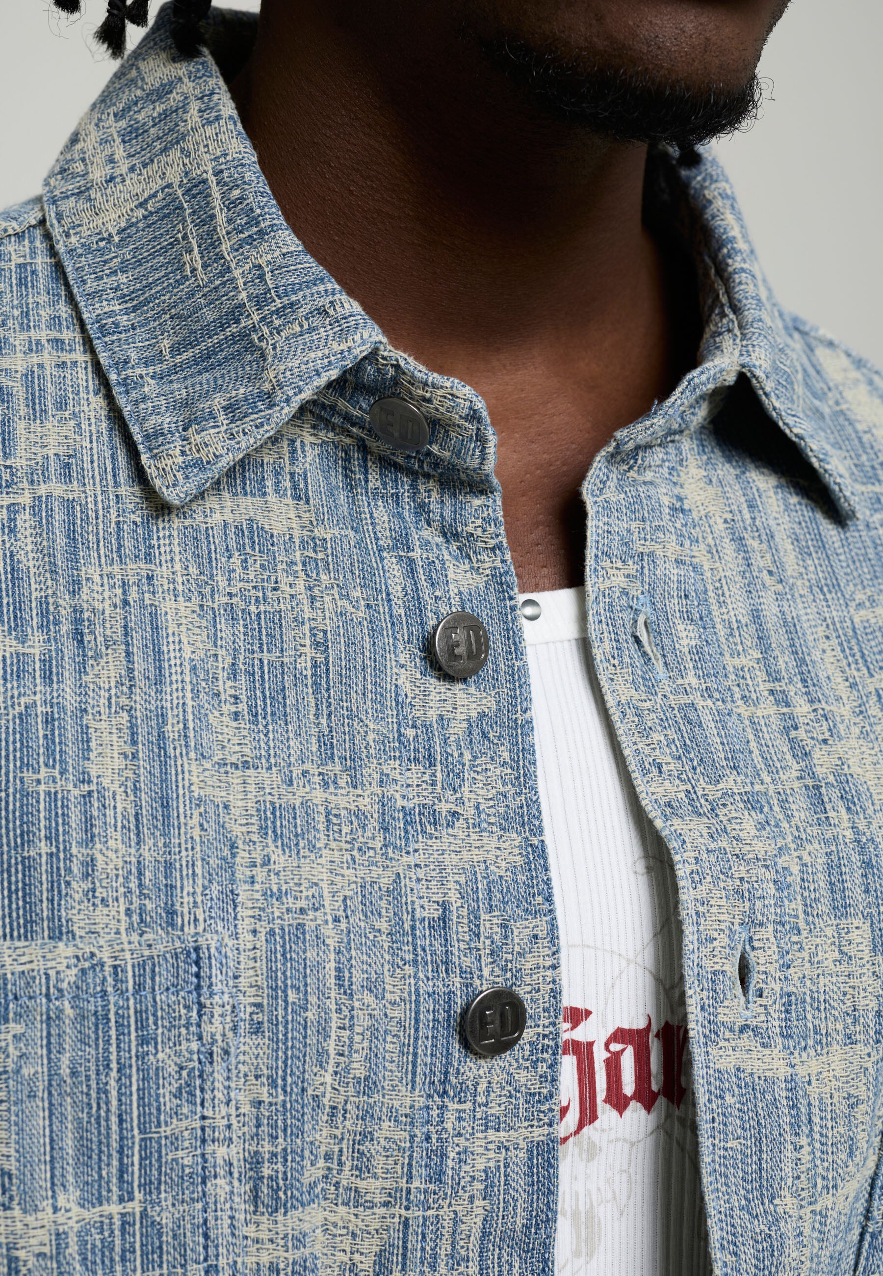 Mens Distressed Cross Relaxed Denim Shirt - Blue - Image 6