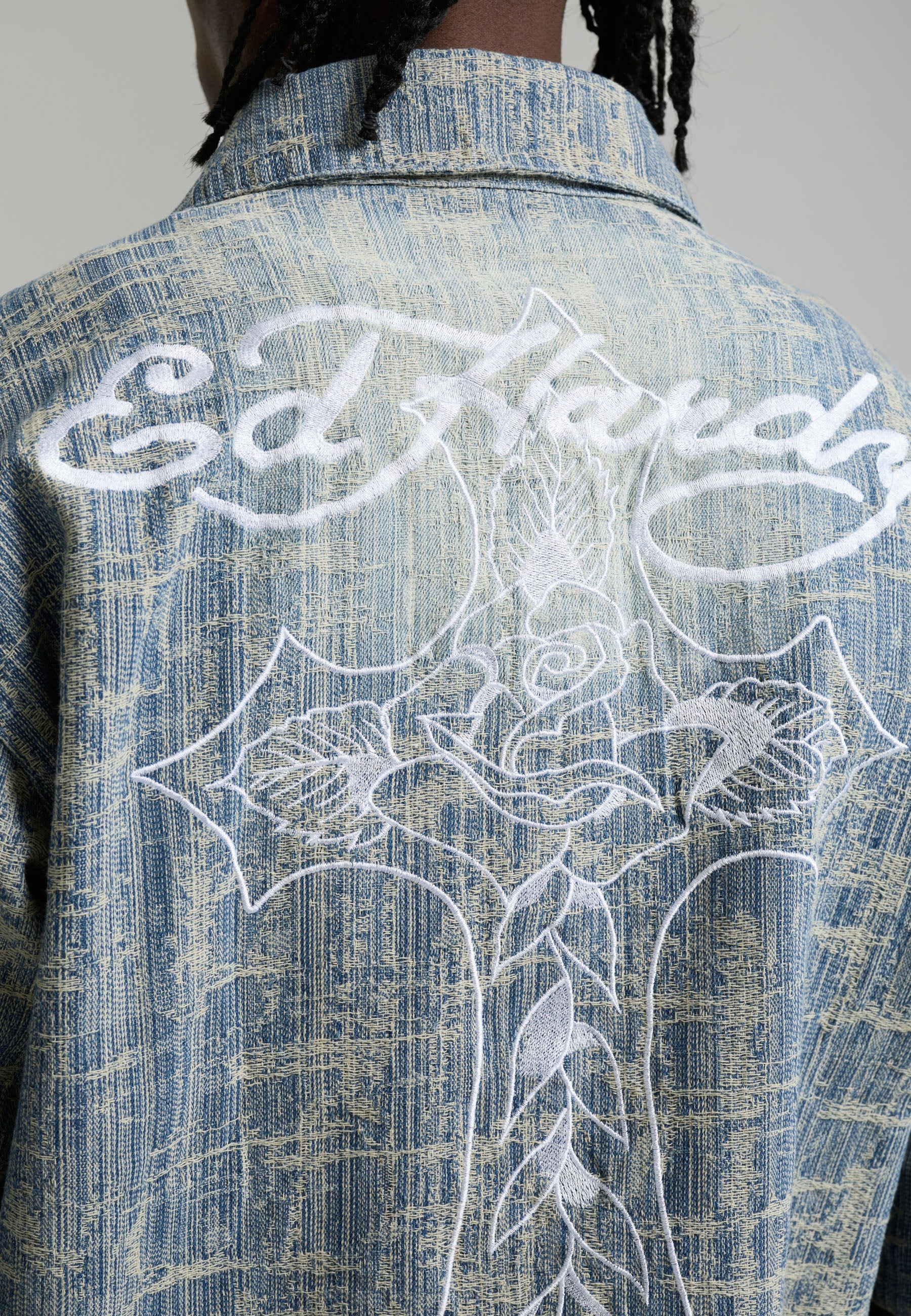 Mens Distressed Cross Relaxed Denim Shirt - Blue - Image 7