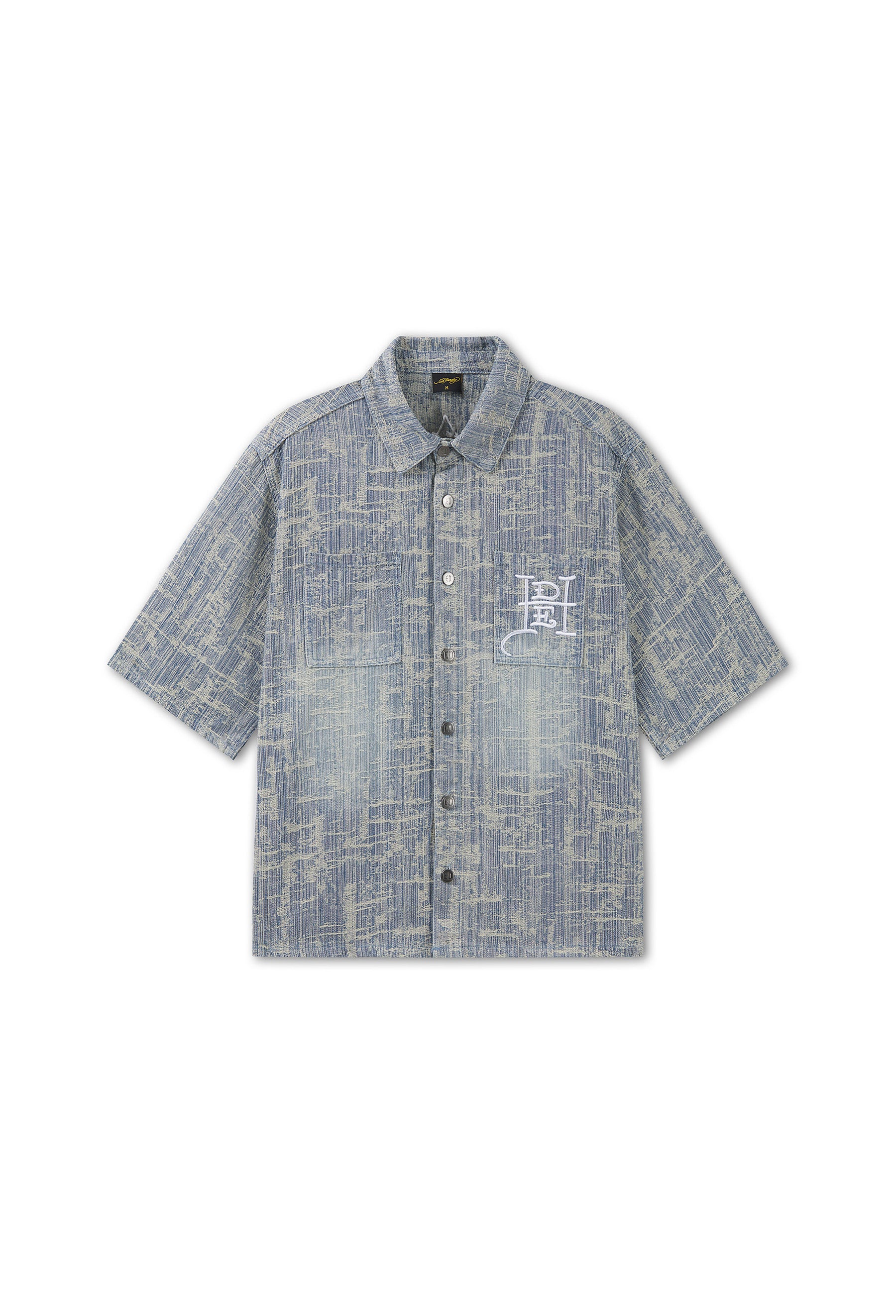 Mens Distressed Cross Relaxed Denim Shirt - Blue - Image 8