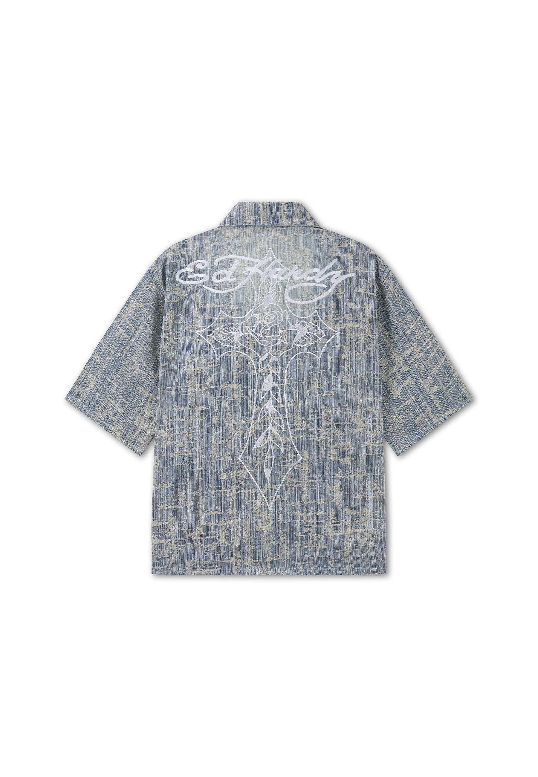 Mens Distressed Cross Relaxed Denim Shirt - Blue - Image 9