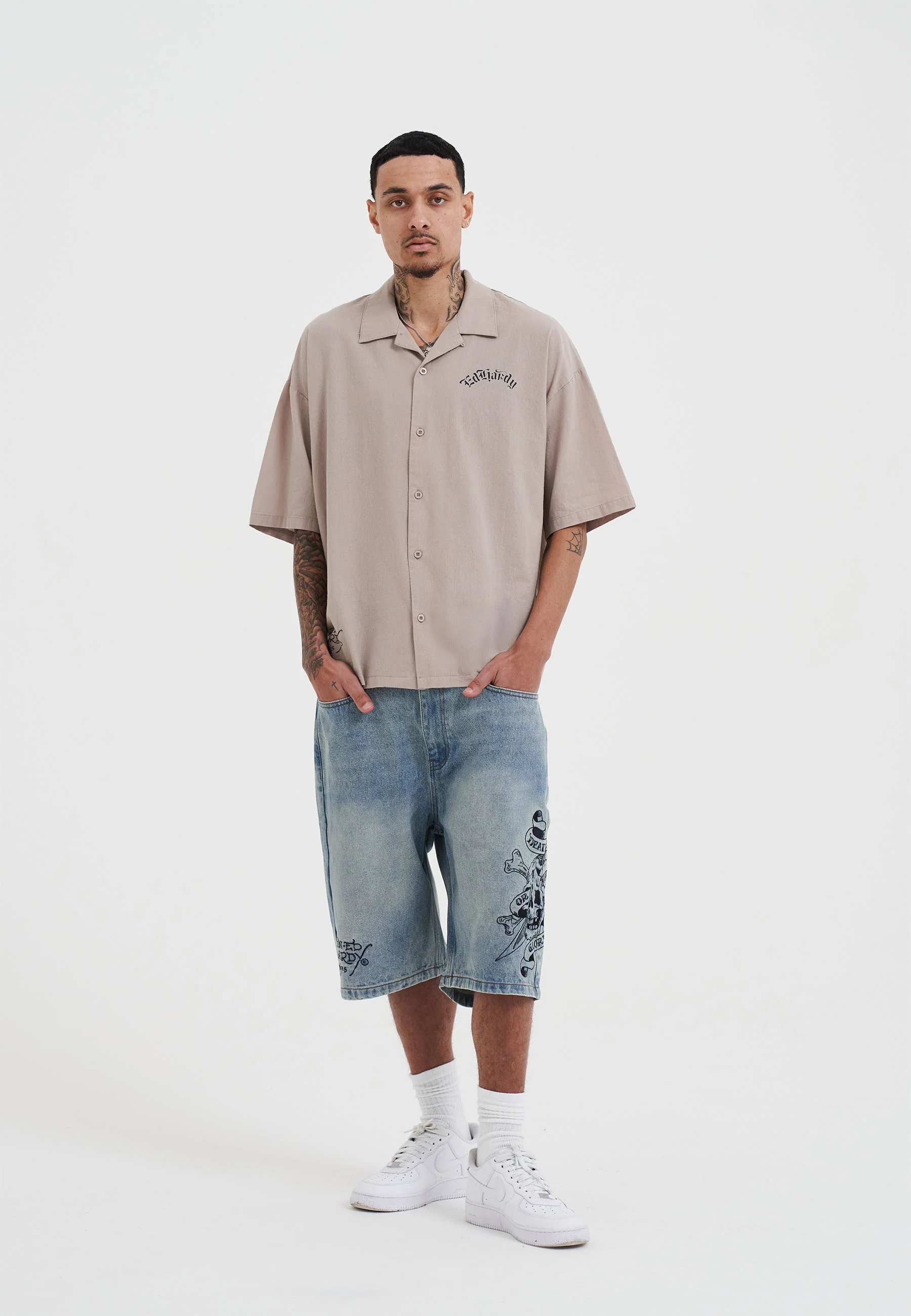 Mens Don Wolf Dragon Printed Camp Shirt - Ecru - Image 3