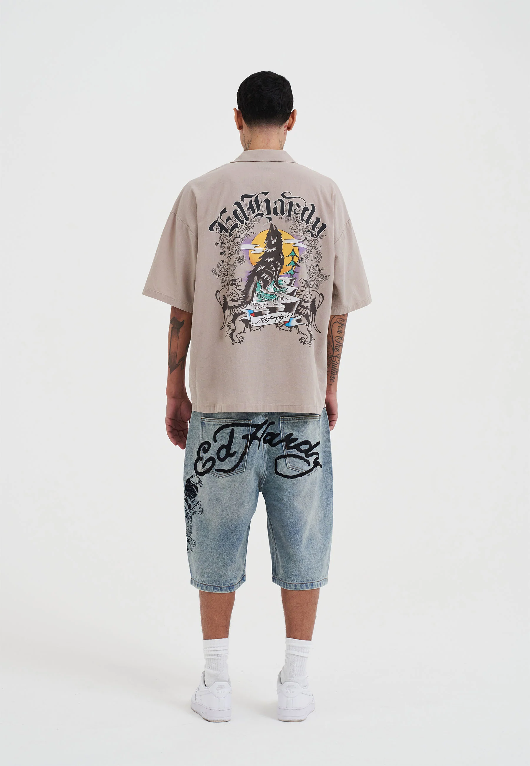 Mens Don Wolf Dragon Printed Camp Shirt - Ecru - Image 5