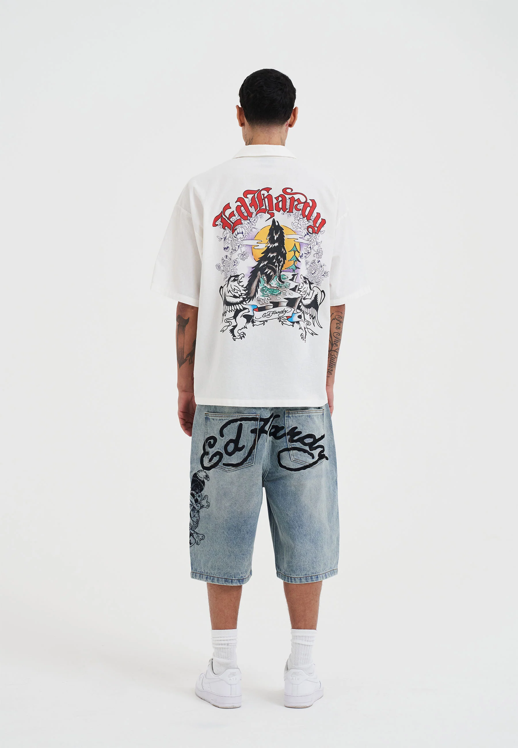 Mens Don Wolf Dragon Printed Camp Shirt - White - Image 5