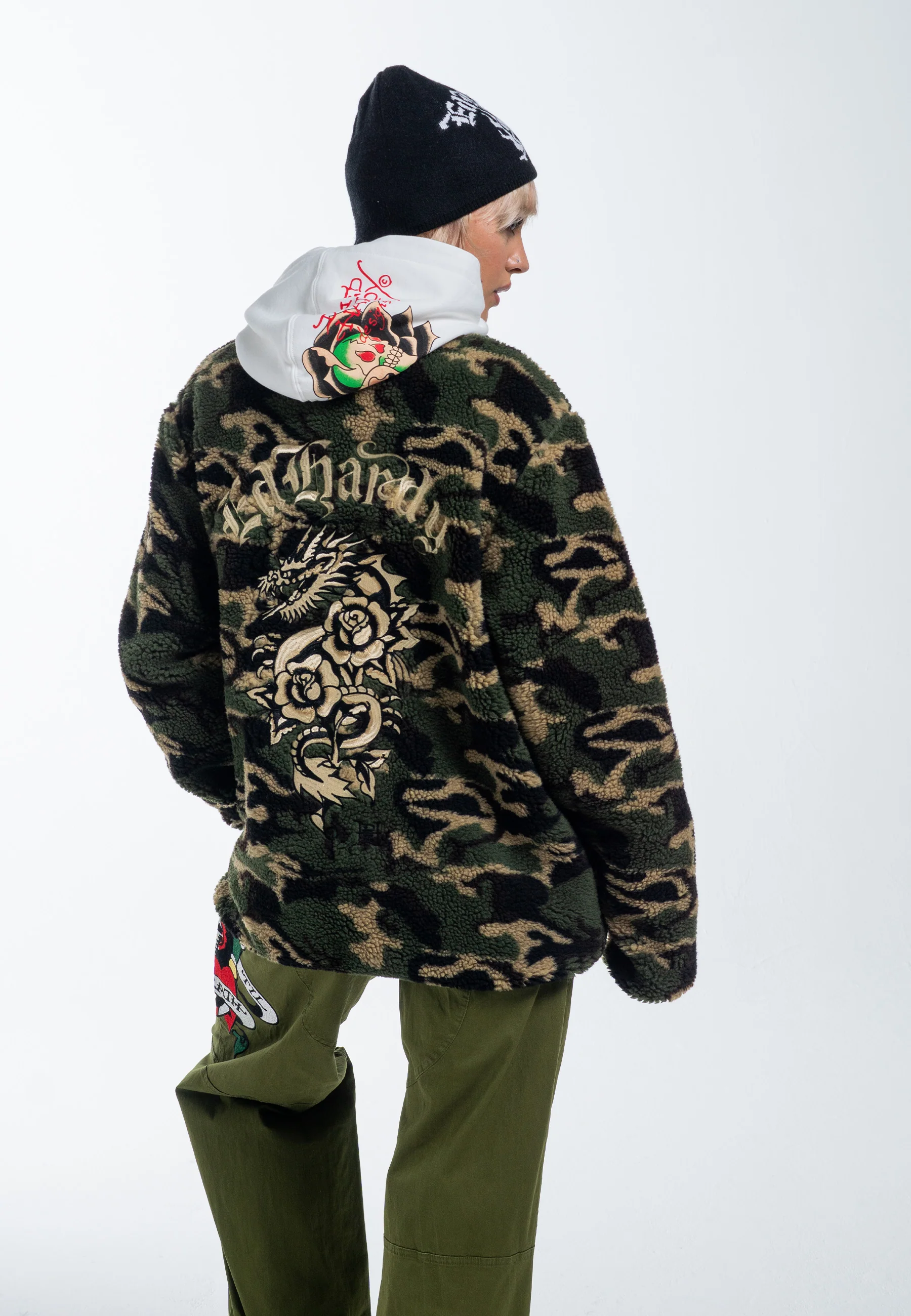 Mens Dragon & Rose Camo Zip Thru Borg Fleece Jacket - Green Camo - Image 3