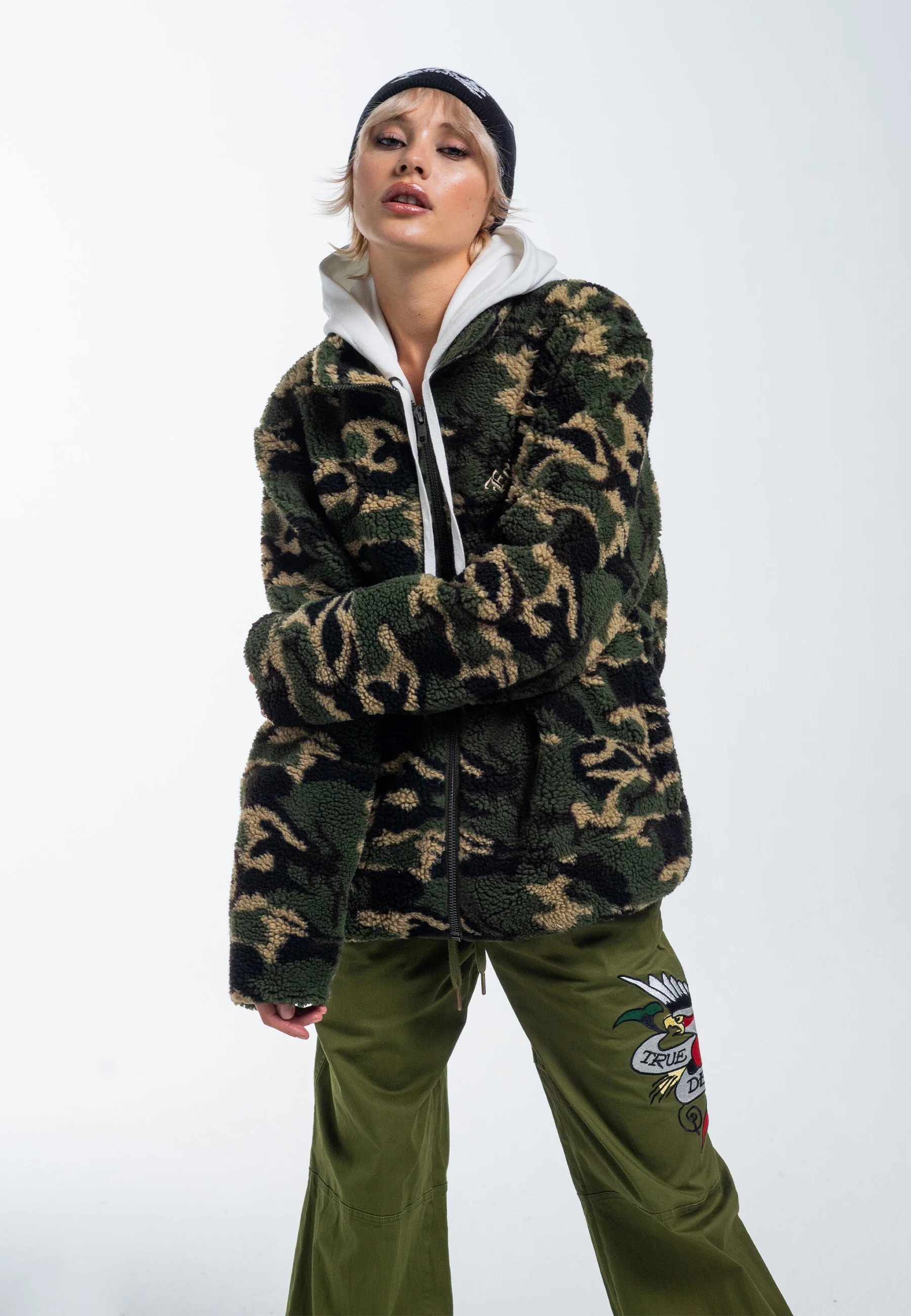 Mens Dragon & Rose Camo Zip Thru Borg Fleece Jacket - Green Camo - Image 5