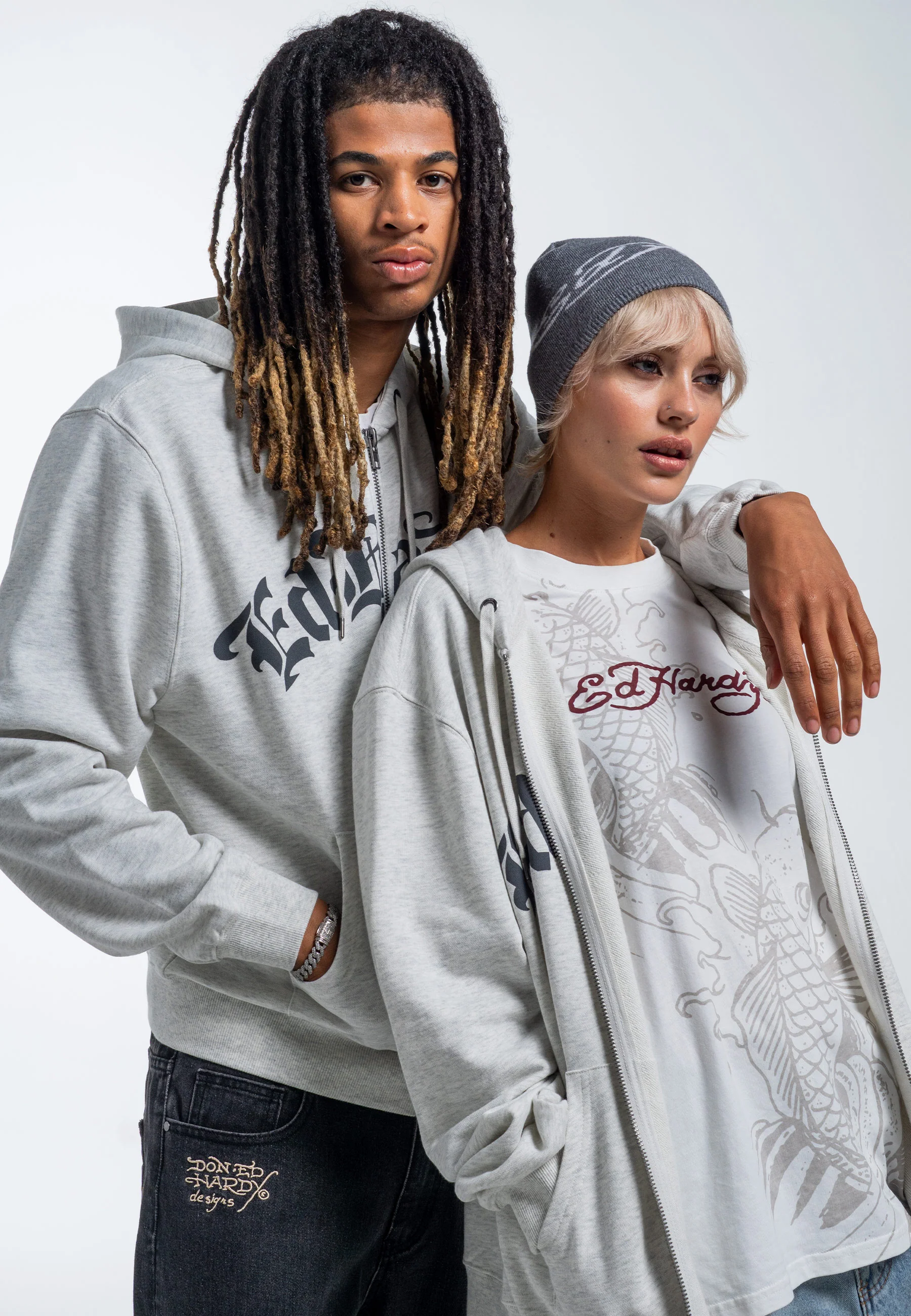 Mens Dragon Rose Zip Through Hoodie - Beige Marl - Image 10