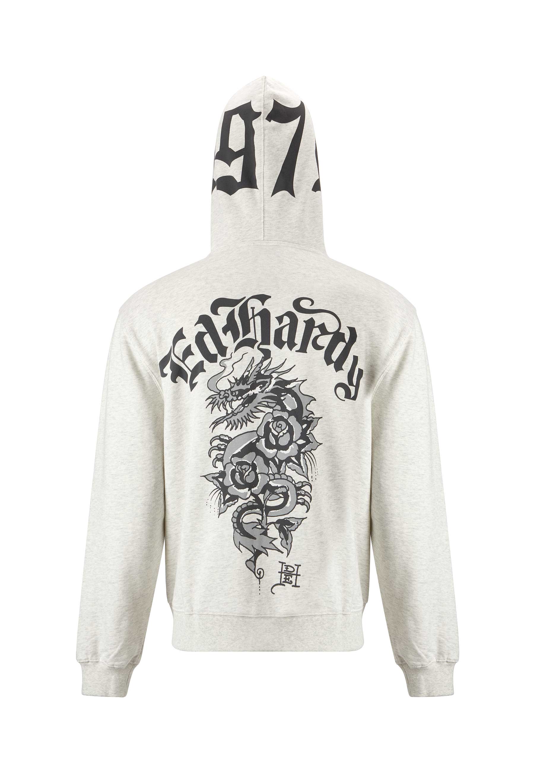 Mens Dragon Rose Zip Through Hoodie - Beige Marl - Image 12