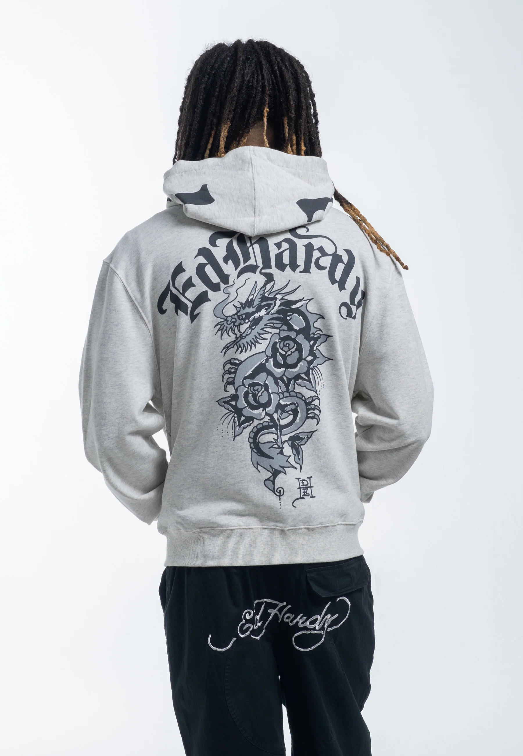 Mens Dragon Rose Zip Through Hoodie - Beige Marl - Image 3