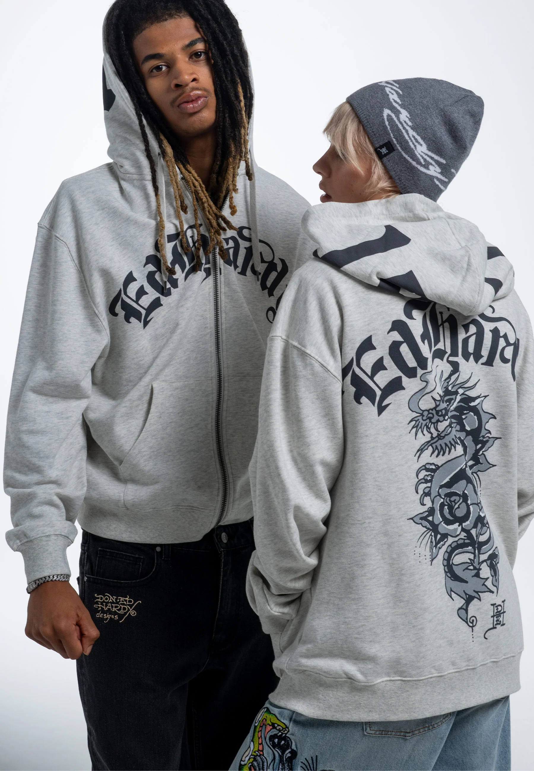 Mens Dragon Rose Zip Through Hoodie - Beige Marl - Image 8
