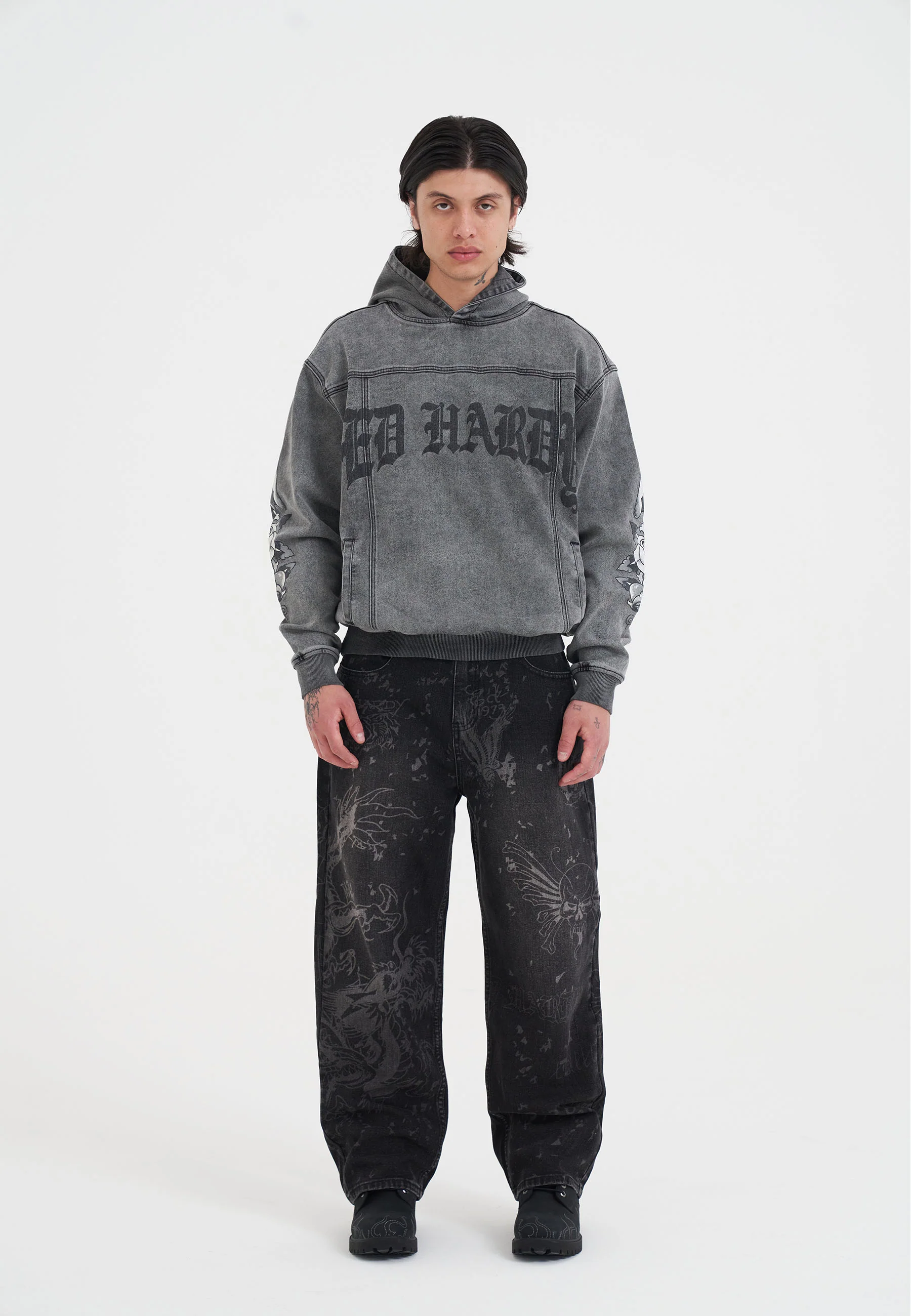 Mens Eagle Drag Rose Denim Hoodie - Black - Image 3