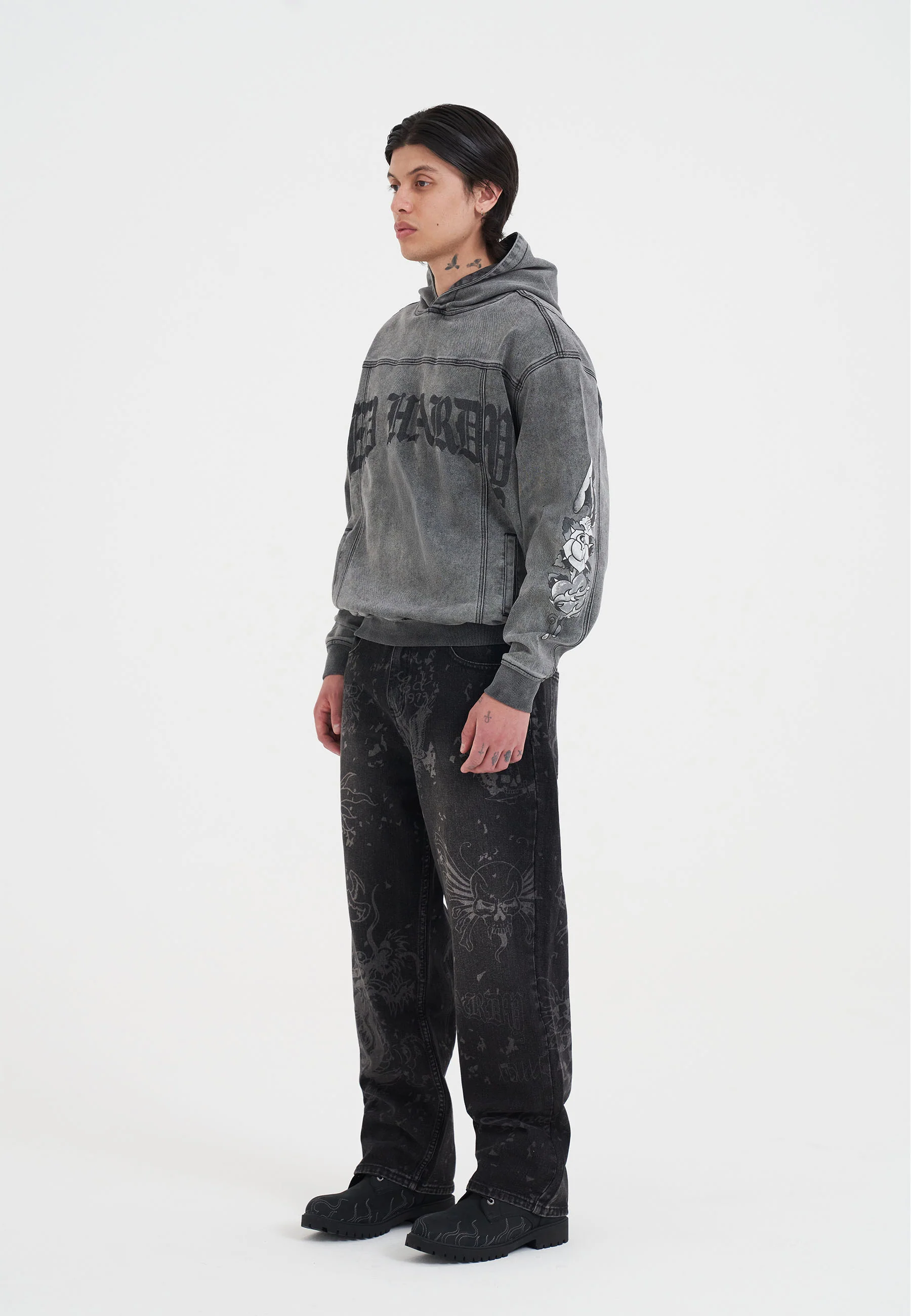 Mens Eagle Drag Rose Denim Hoodie - Black - Image 4