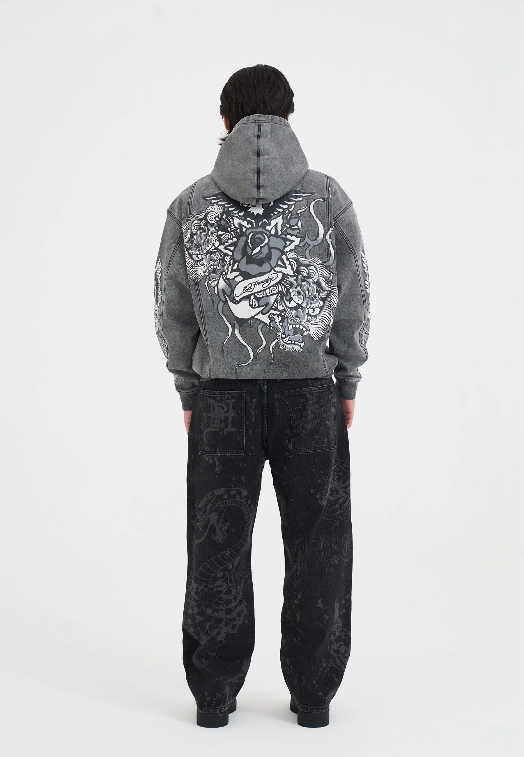 Mens Eagle Drag Rose Denim Hoodie - Black - Image 5