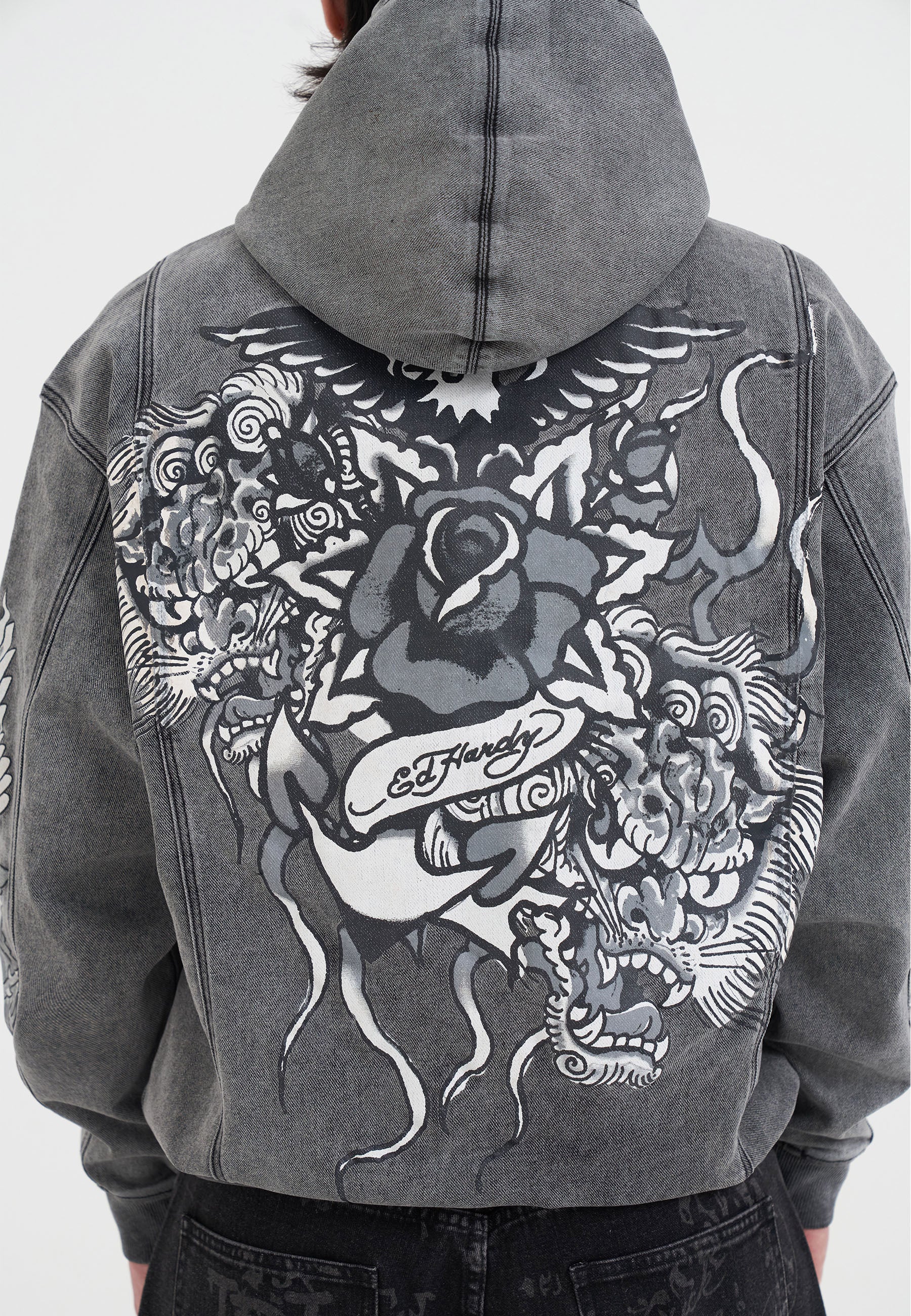 Mens Eagle Drag Rose Denim Hoodie - Black - Image 7