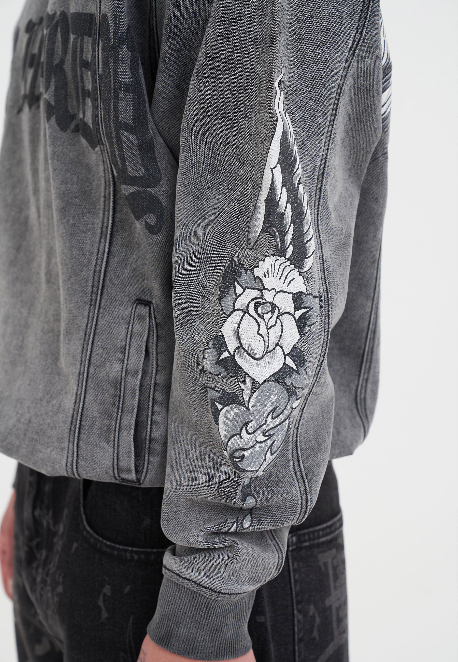 Mens Eagle Drag Rose Denim Hoodie - Black - Image 8