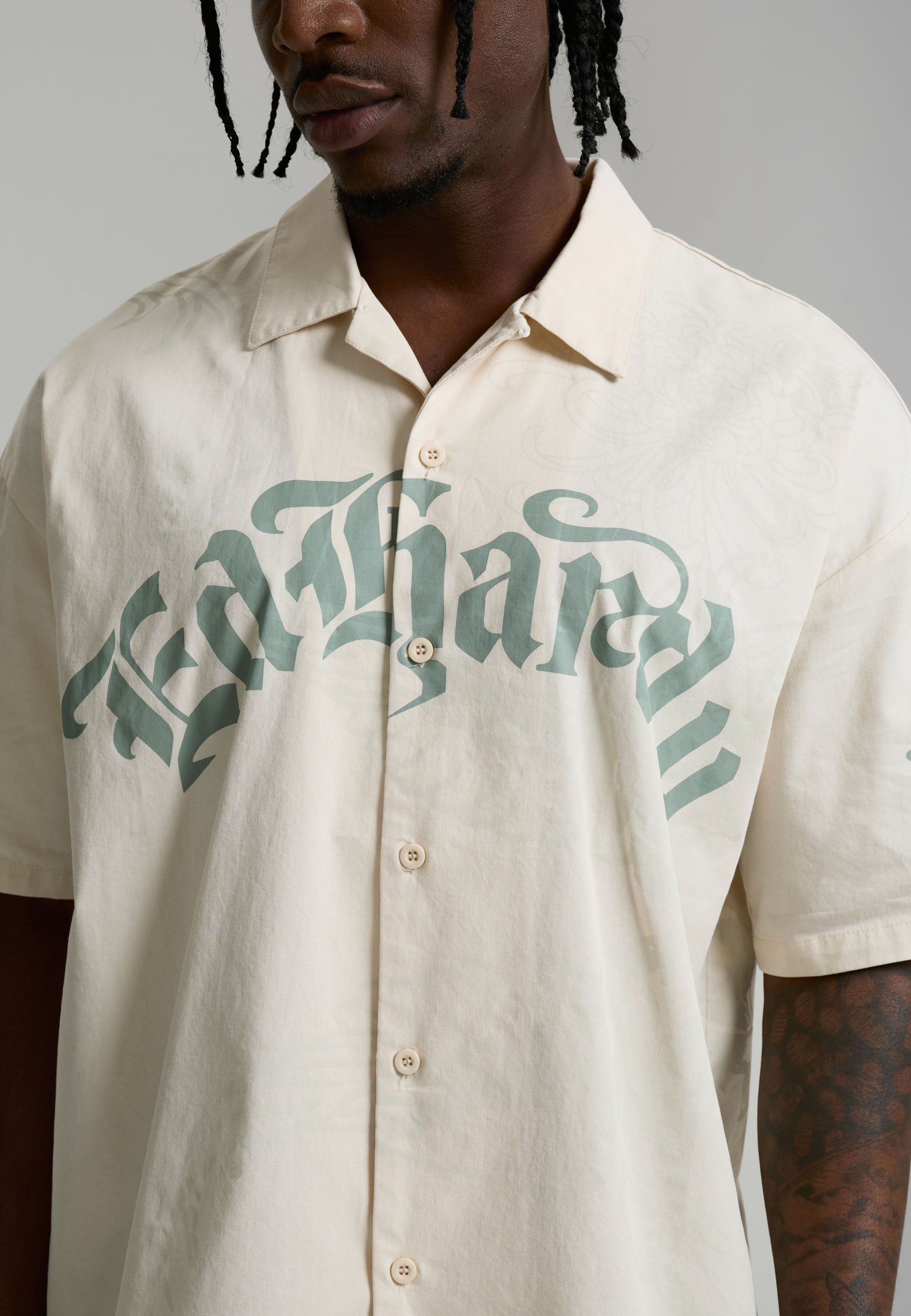 Mens Ed Hardy Gothic Relaxed Camp Shirt - Ecru - Image 4
