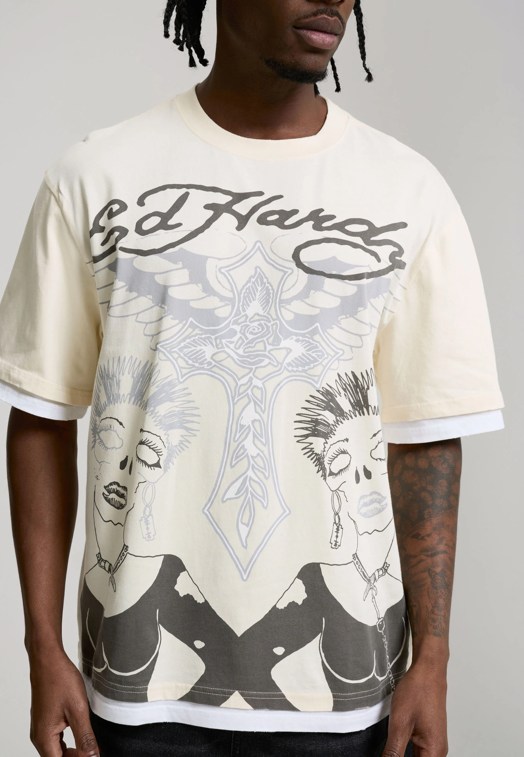 Mens Ed Hardy Punk Graphic Double Layer Relaxed T-Shirt - Ecru - Image 4