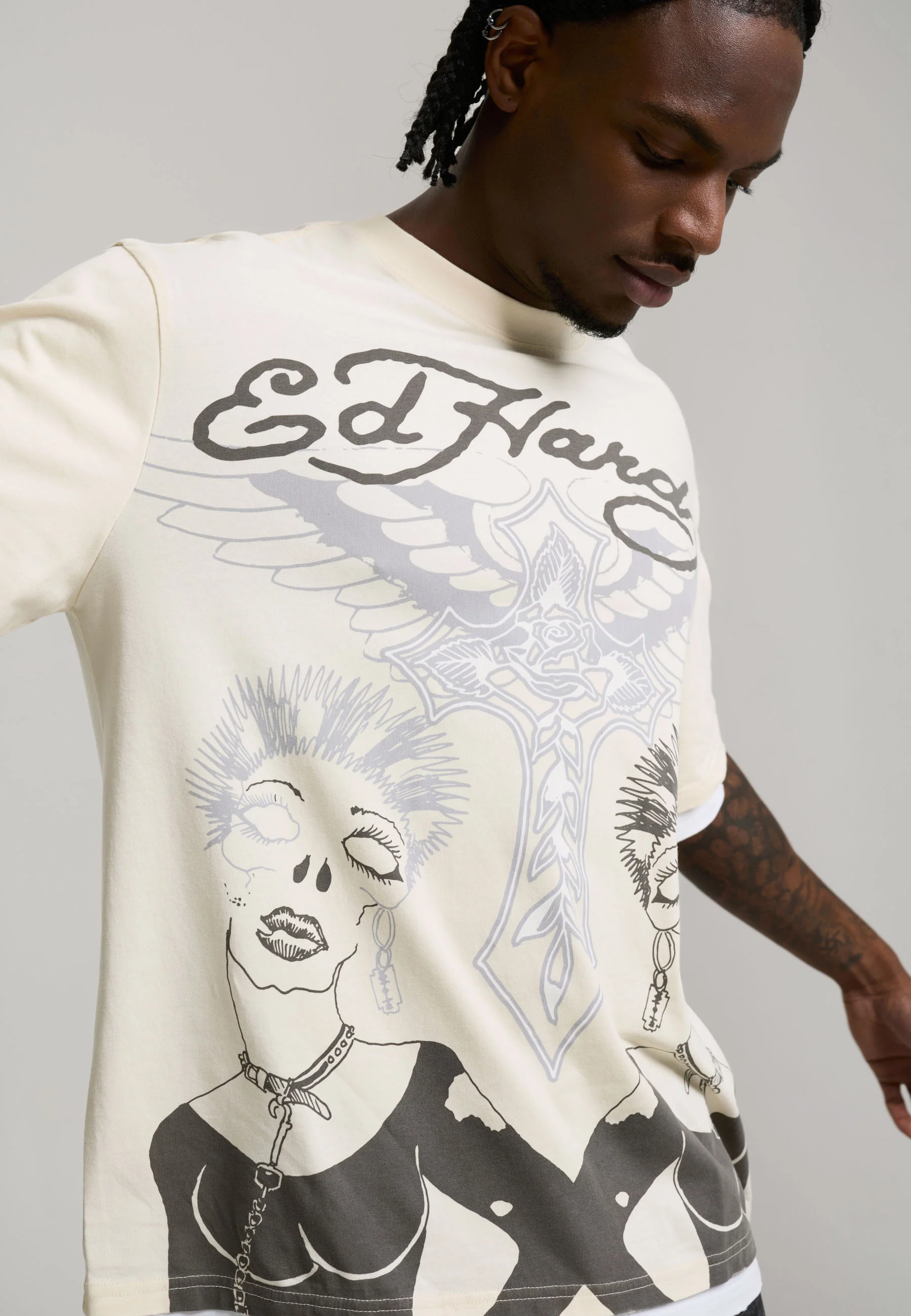 Mens Ed Hardy Punk Graphic Double Layer Relaxed T-Shirt - Ecru - Image 5