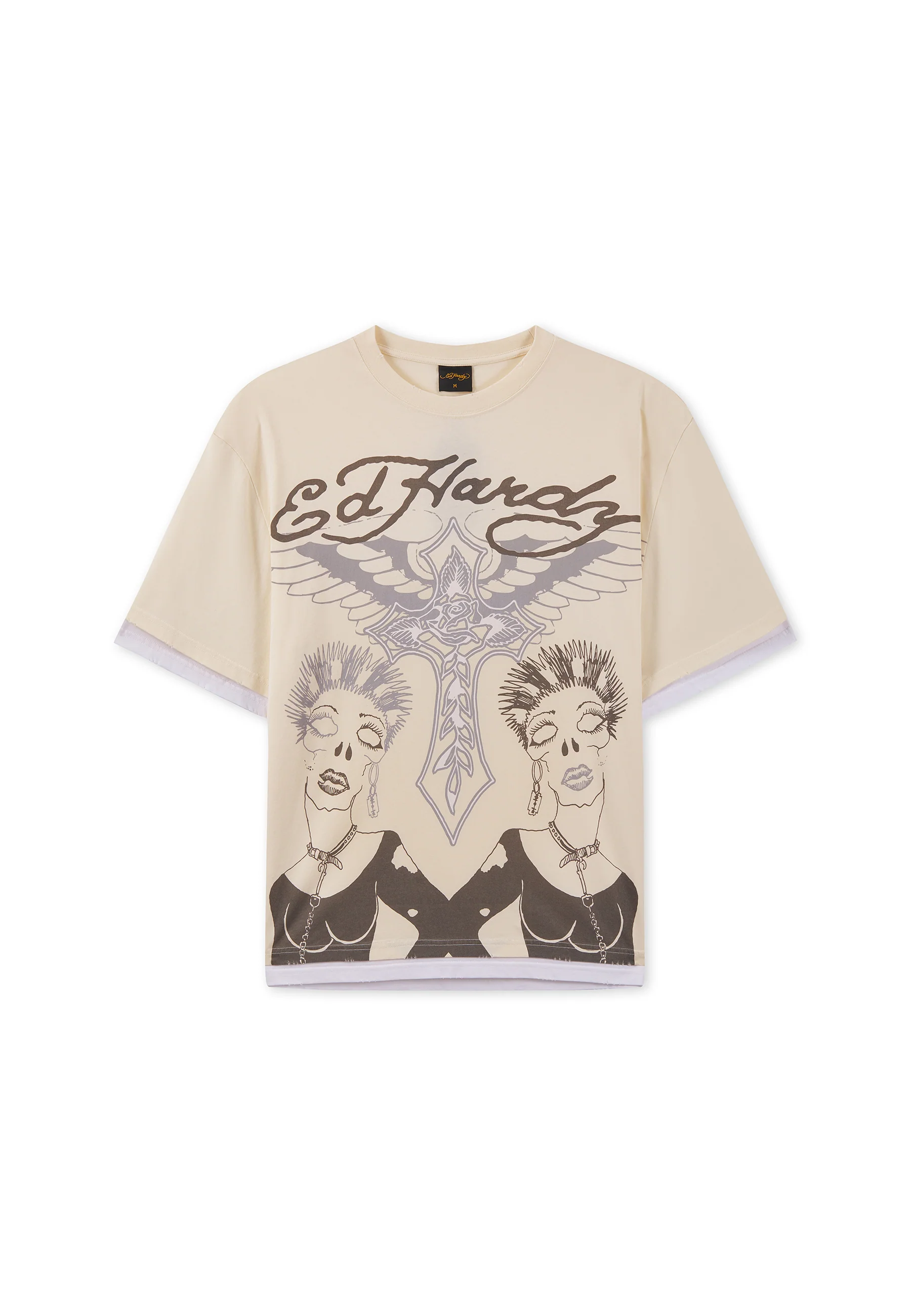 Mens Ed Hardy Punk Graphic Double Layer Relaxed T-Shirt - Ecru - Image 7