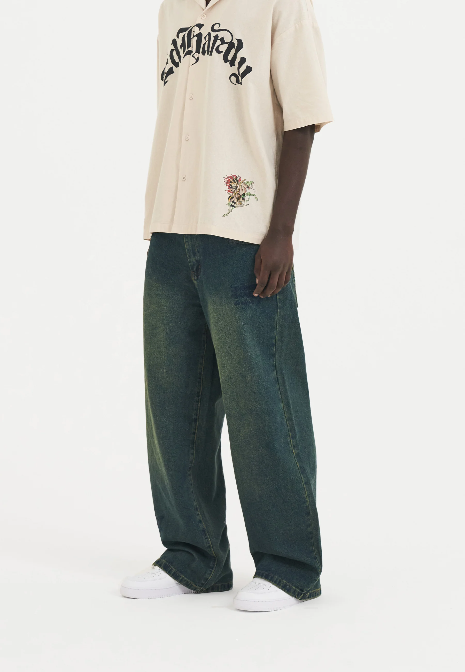 Mens Fireball Dragon Dirty Wash Denim Trousers Jeans - Green - Image 3