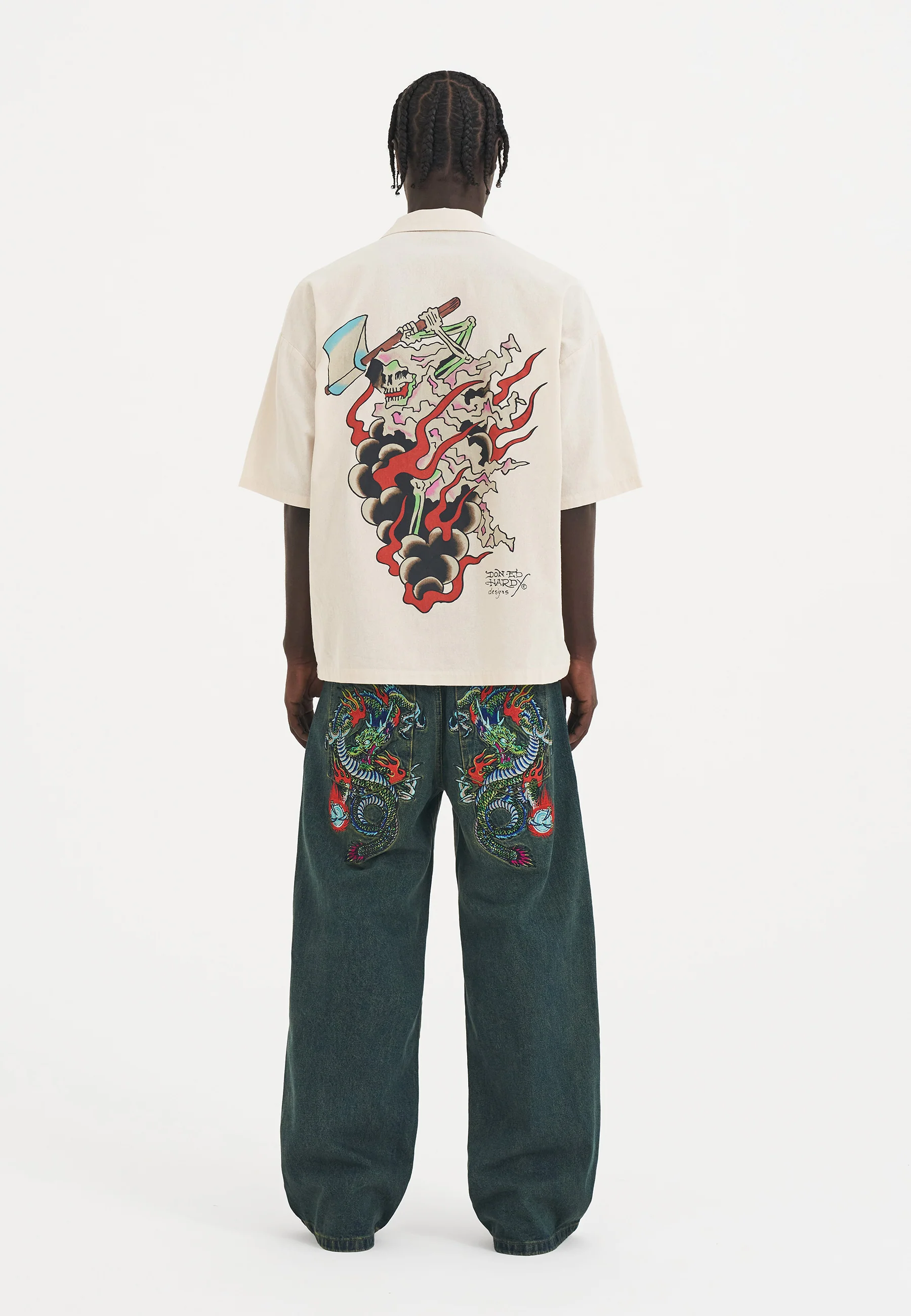 Mens Fireball Dragon Dirty Wash Denim Trousers Jeans - Green - Image 4