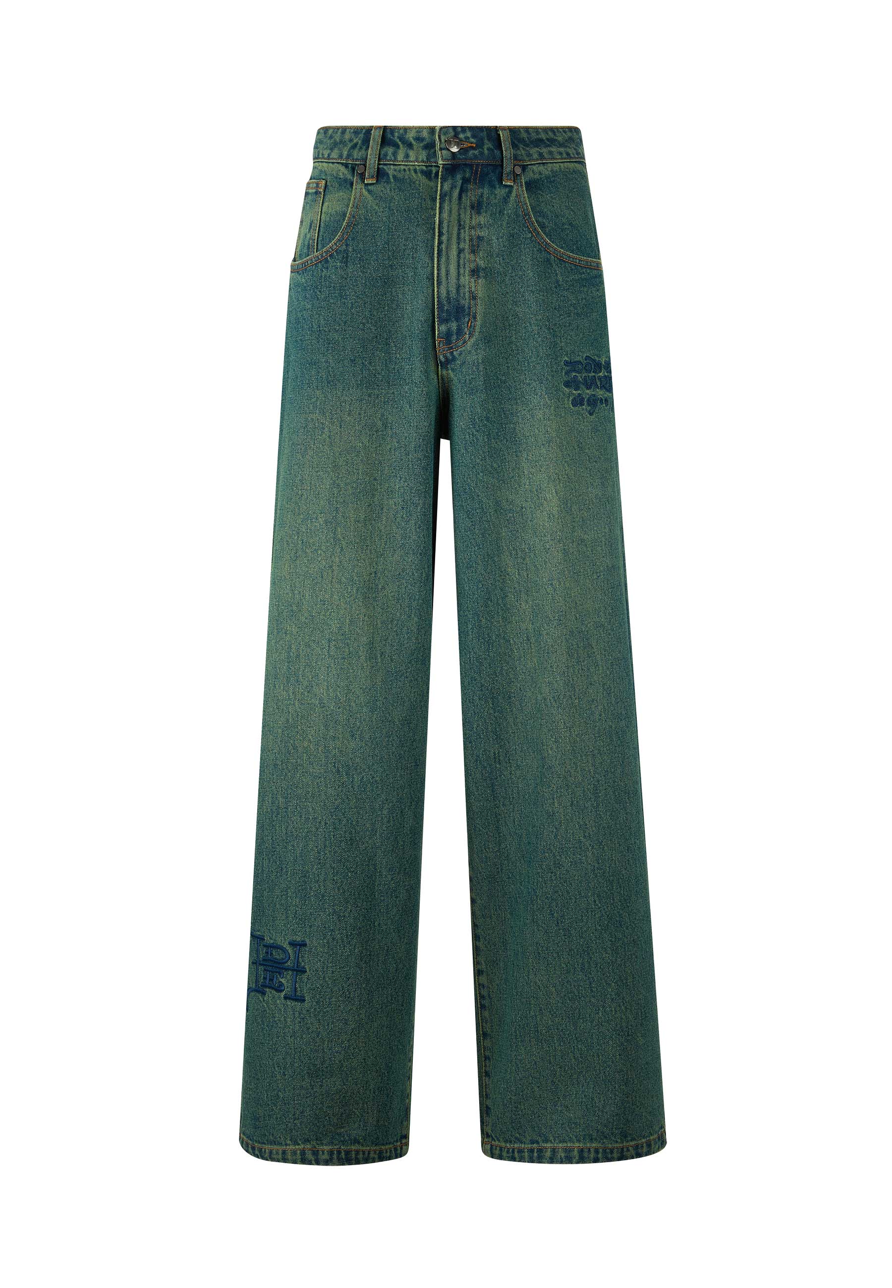 Mens Fireball Dragon Dirty Wash Denim Trousers Jeans - Green - Image 6