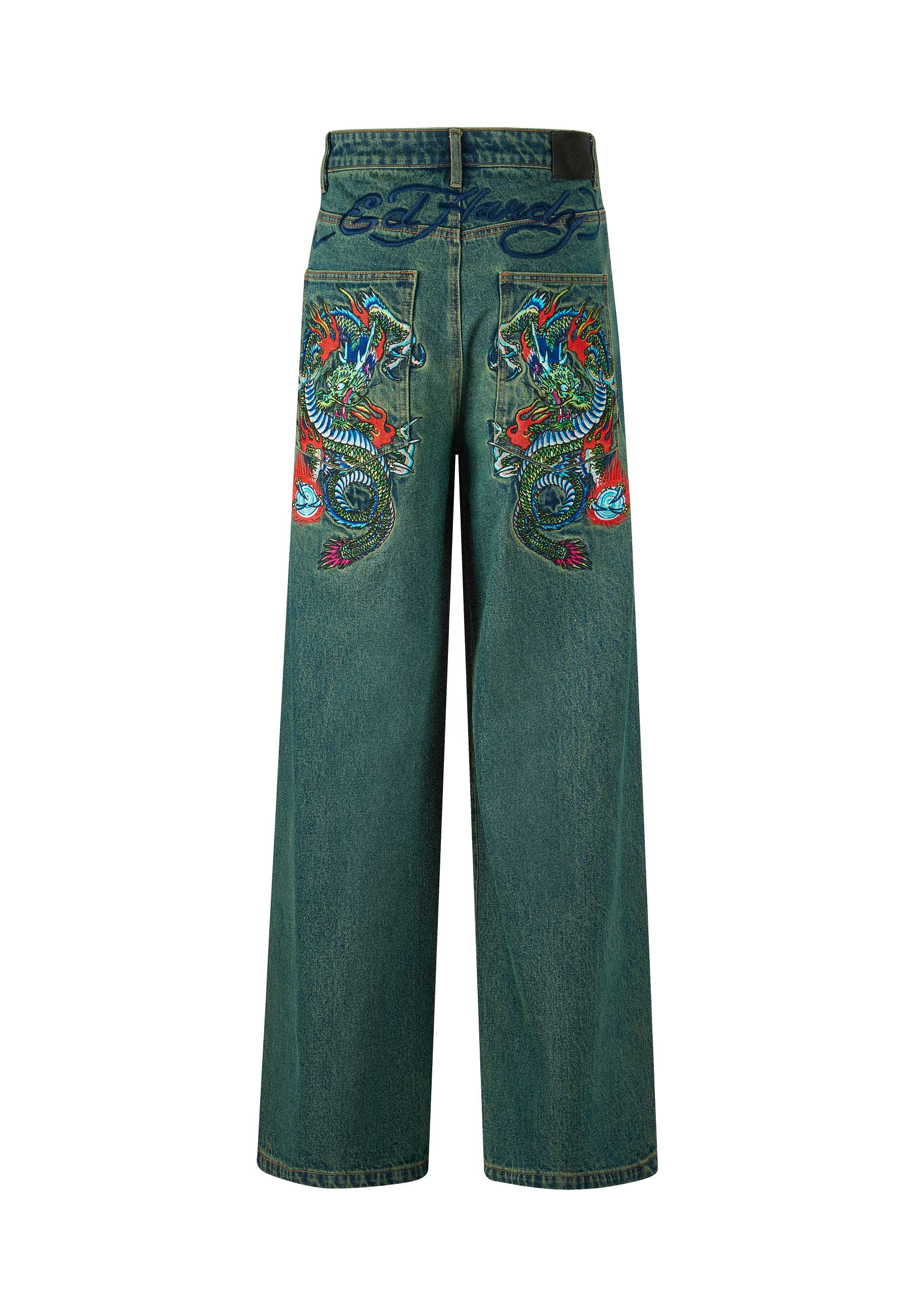 Mens Fireball Dragon Dirty Wash Denim Trousers Jeans - Green - Image 7