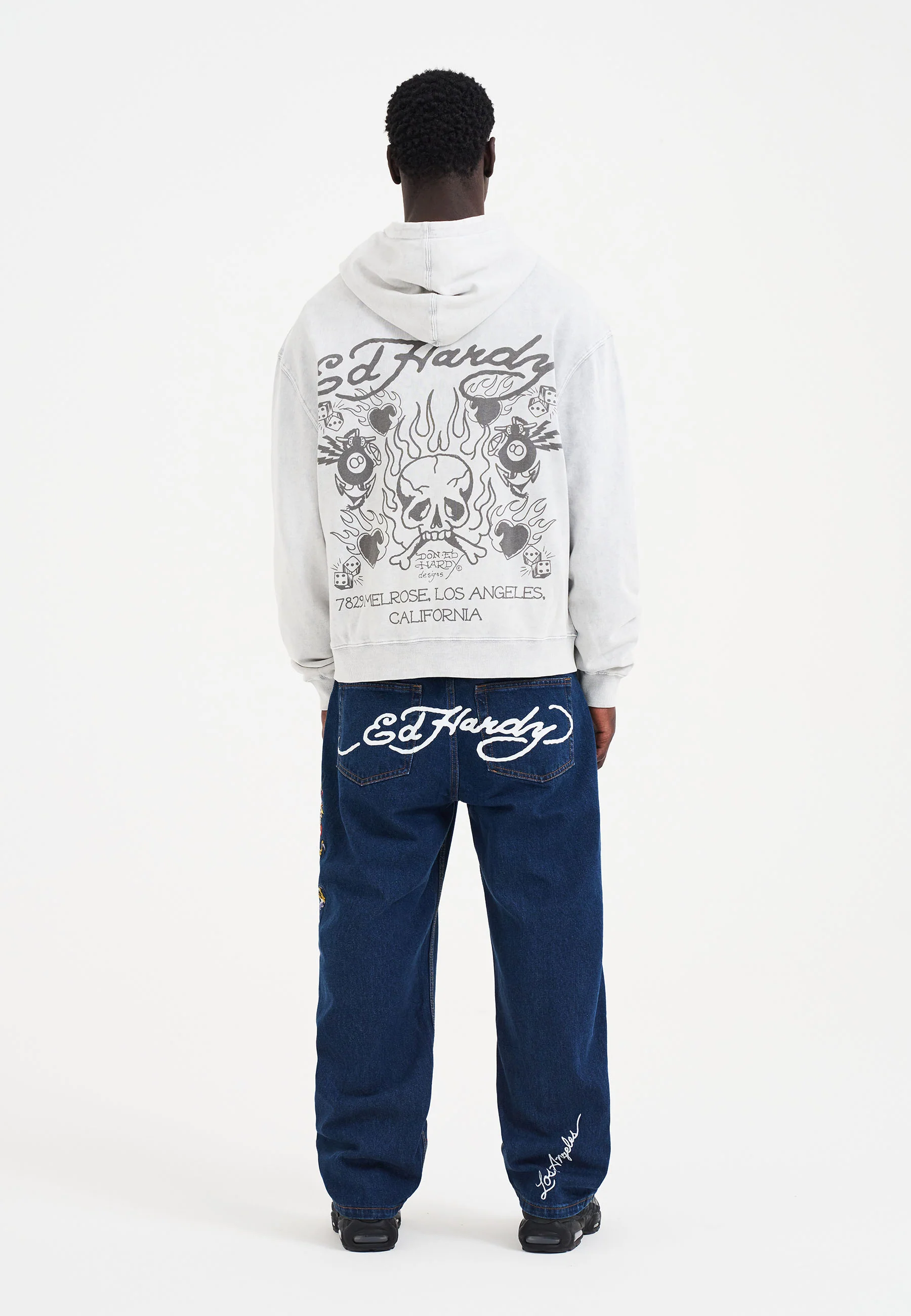 Mens Mono Acid Flaming Skull Zip Through Hoodie - Grey - Image 4