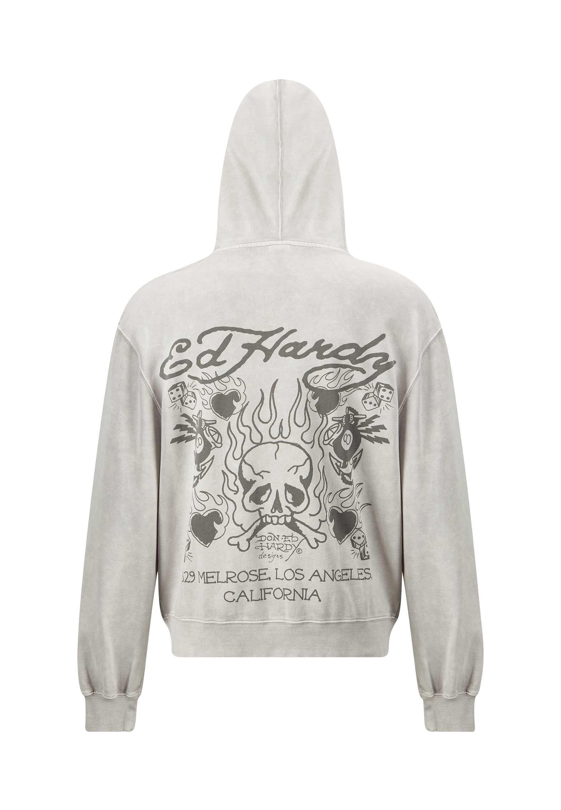 Mens Mono Acid Flaming Skull Zip Through Hoodie - Grey - Image 6