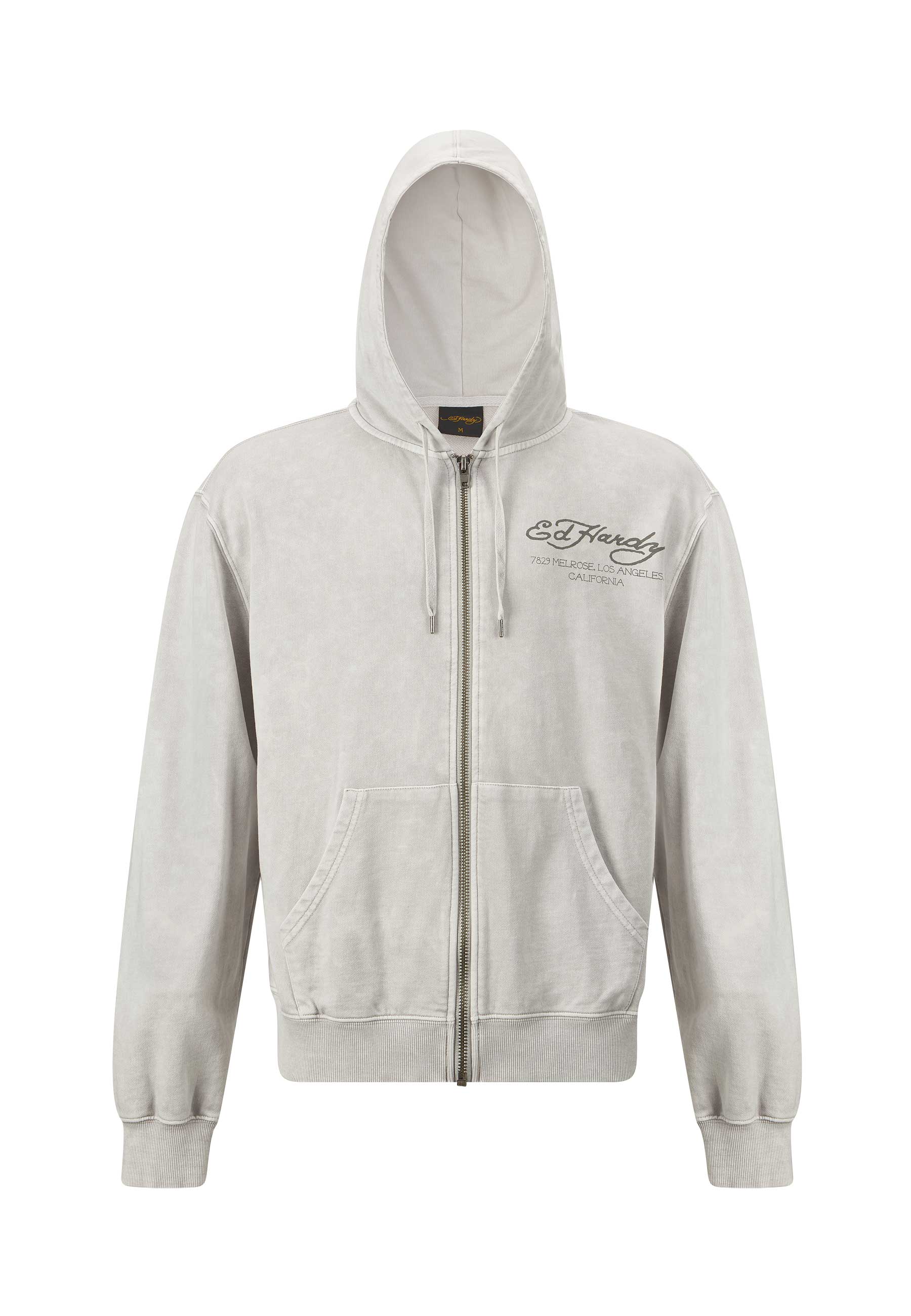 Mens Mono Acid Flaming Skull Zip Through Hoodie - Grey - Image 7